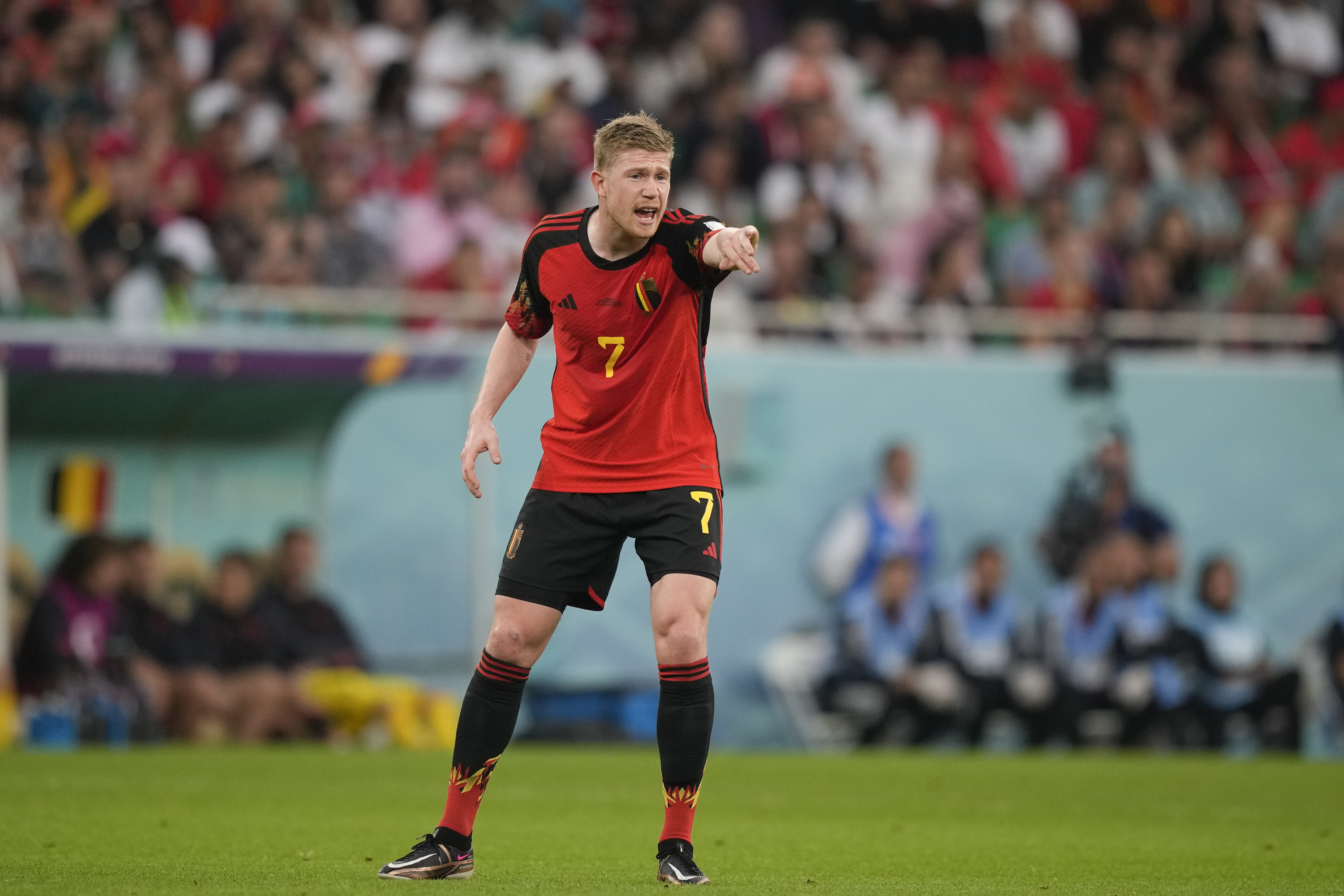 Belgium's Kevin De Bruyne gestures during the World Cup group F soccer match between Belgium and Morocco, at the Al Thumama Stadium in Doha, Qatar, Sunday, Nov. 27, 2022.