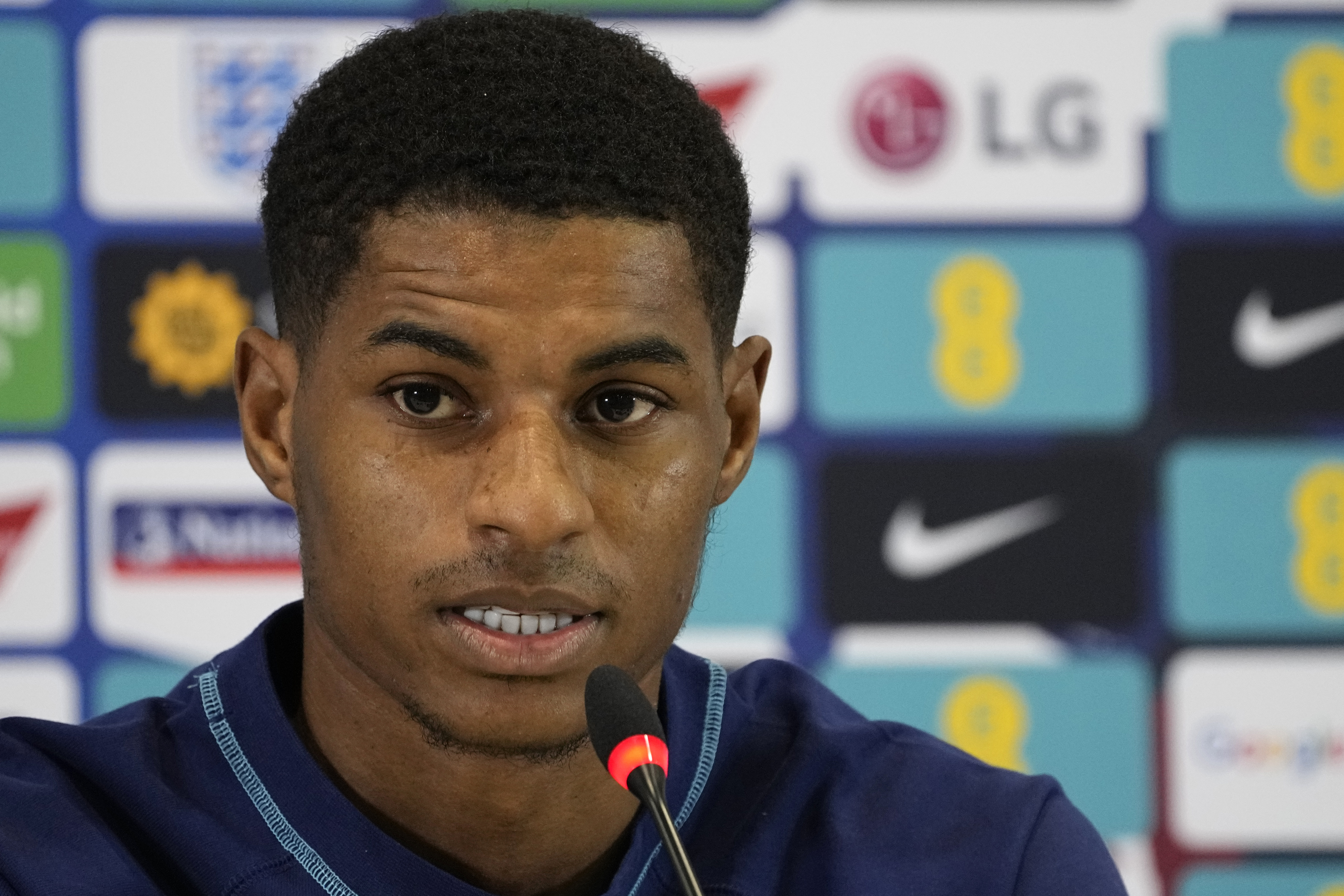 England's Marcus Rashford speaks to the media during a press conference at at Al Wakrah Sports Complex, in Al Wakrah, Qatar, Sunday, Nov. 27, 2022. 