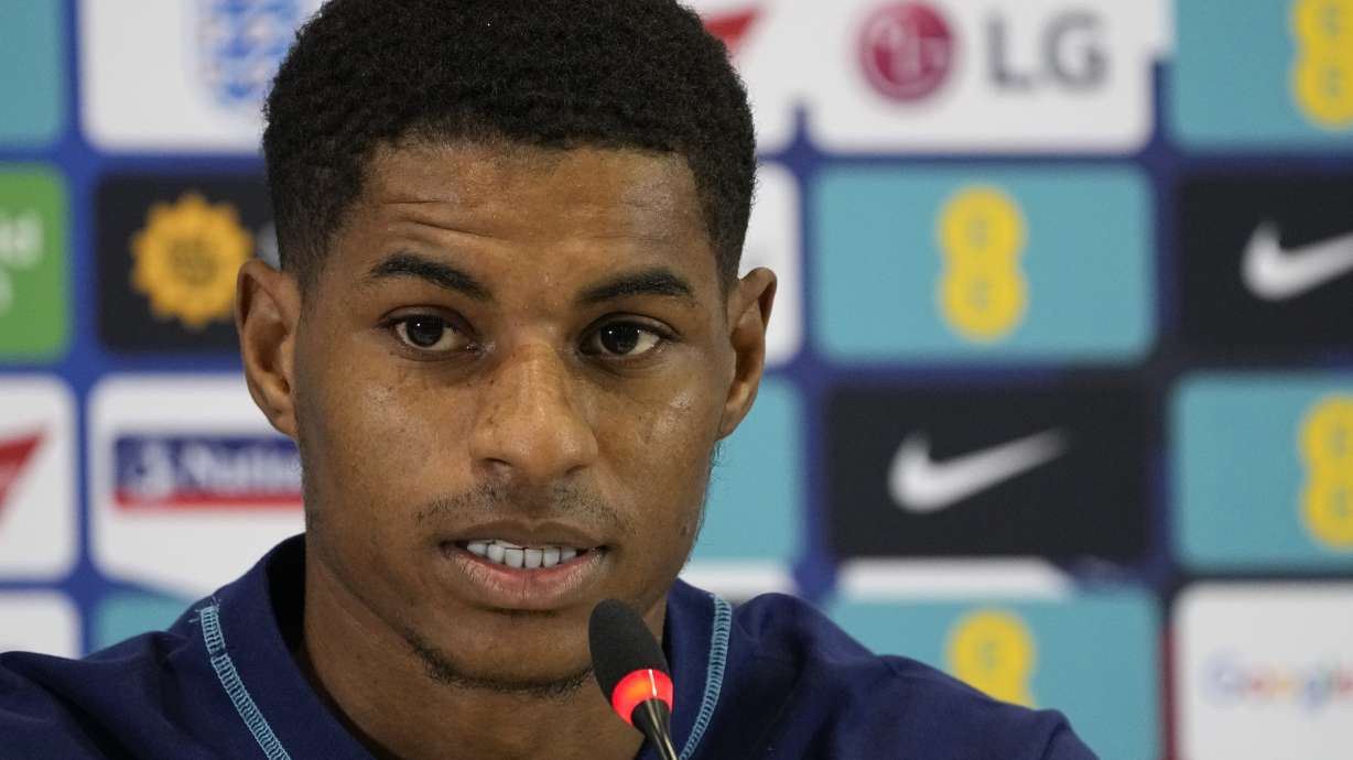 England's Marcus Rashford speaks to the media during a press conference at at Al Wakrah Sports Complex, in Al Wakrah, Qatar, Sunday, Nov. 27, 2022.