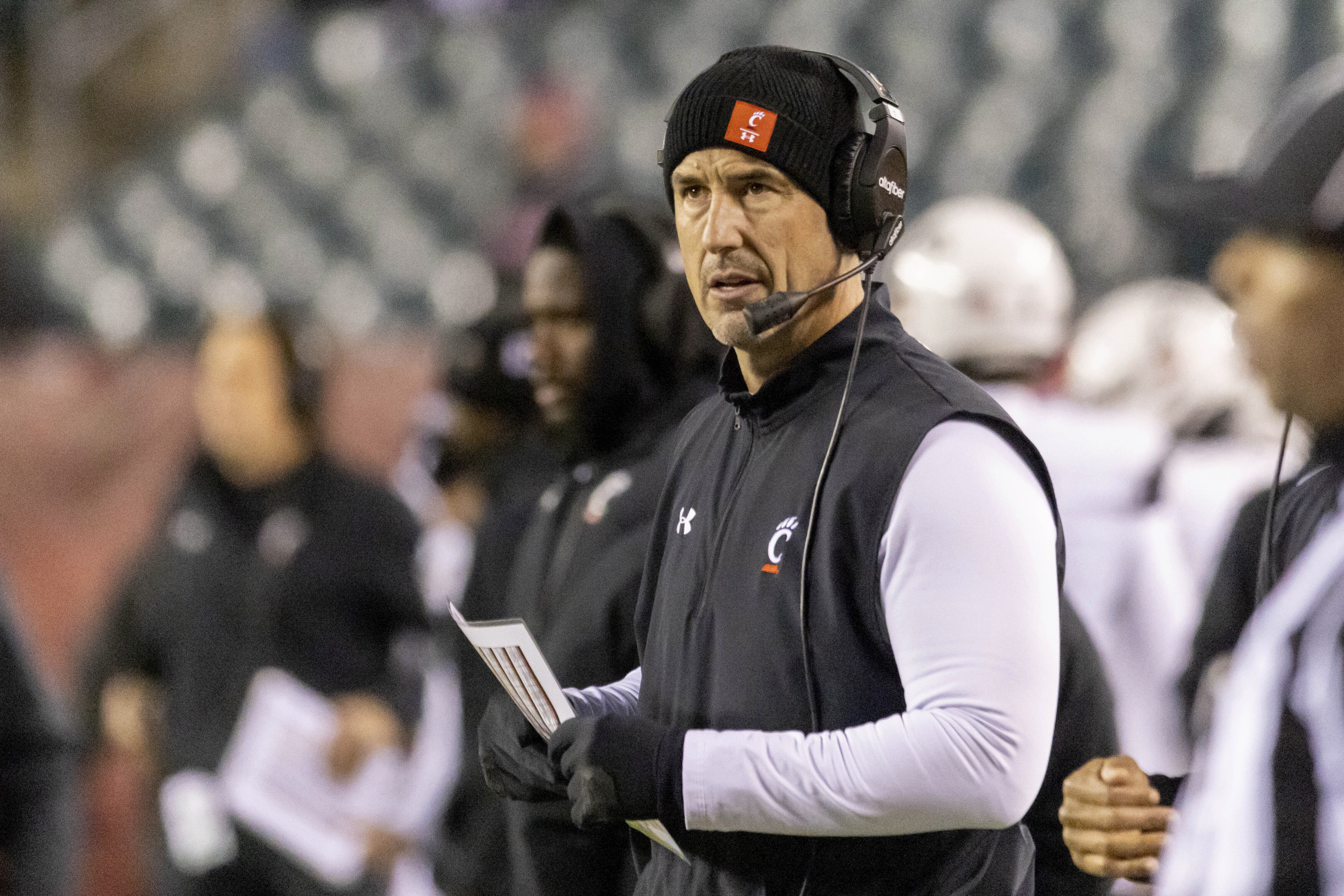 Cincinnati head coach Luke Fickell looks on in the first half of an NCAA college football game against Temple, Saturday, Nov. 19, 2022, in Philadelphia. 