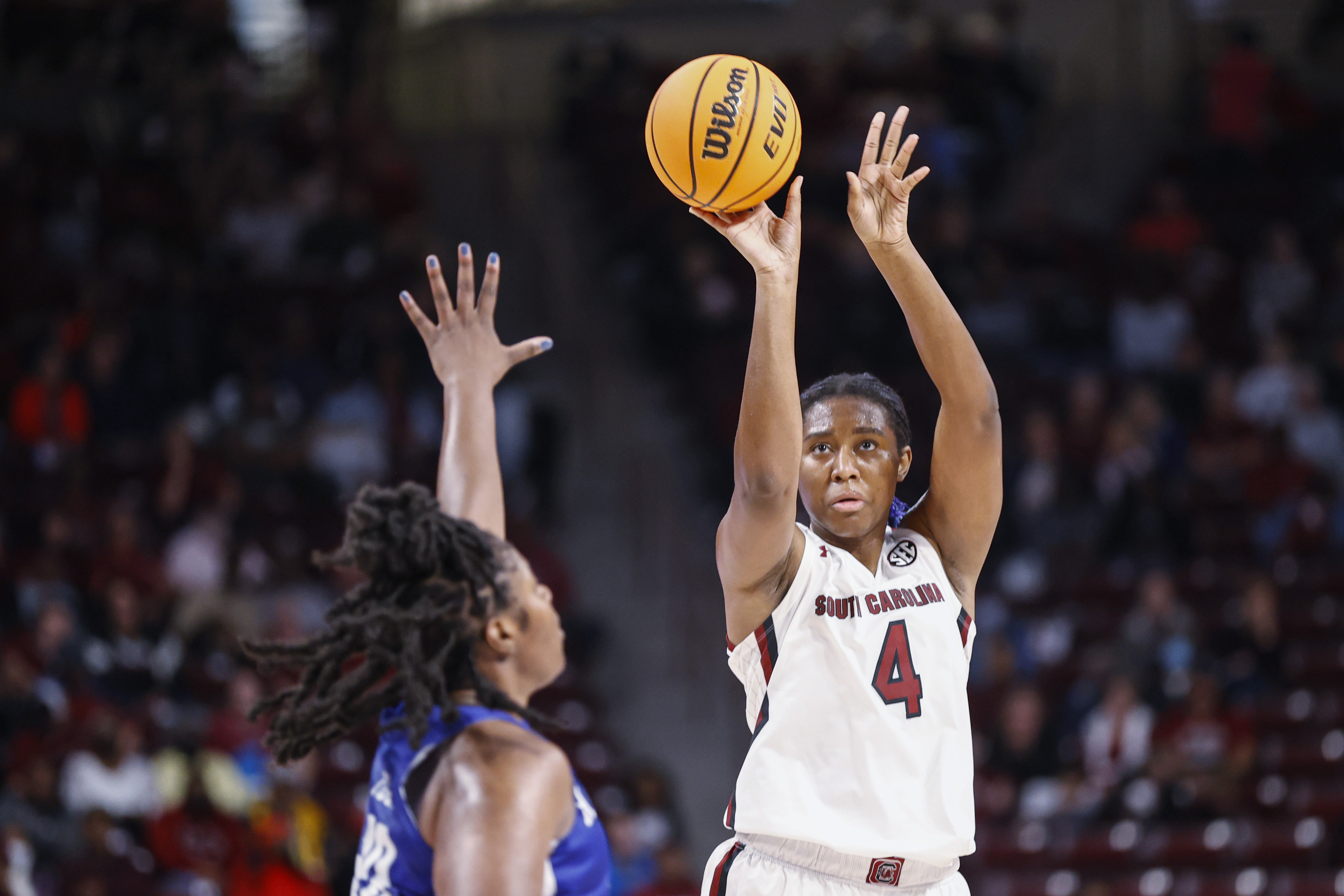 South Carolina forward Aliyah Boston (4) shoots against Hampton during the second quarter of an NCAA college basketball game in Columbia, S.C., Sunday, Nov. 27, 2022.