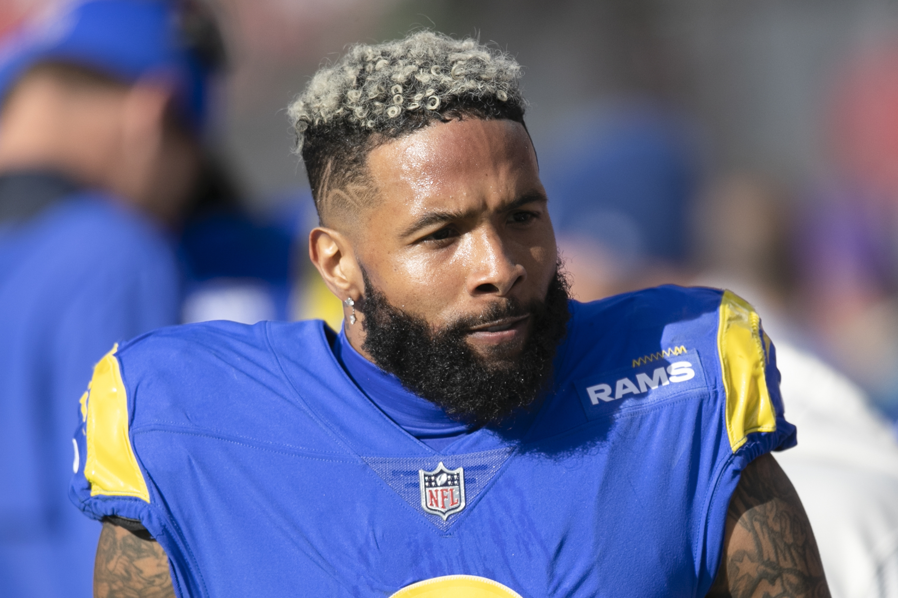 FILE - Los Angeles Rams wide receiver Odell Beckham Jr. walks on the sideline during a NFL divisional playoff football game against the Tampa Bay Buccaneers on Jan. 23, 2022, in Tampa, Fla. Beckham Jr. was removed by police from an aircraft before takeoff at Miami International Airport after officials said he failed to respond to requests to buckle his seatbelt and appeared to be unconsciousness, police and airline officials said Sunday, Nov. 27, 2022. 