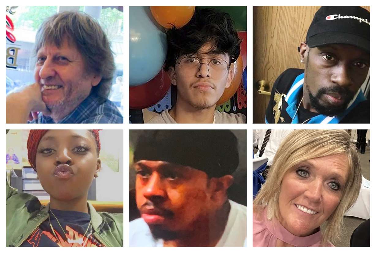 This combination of photos provided by the Chesapeake, Va., Police Department shows top row from left, Randy Blevins, Fernando Chavez-Barron, Lorenzo Gamble, and bottom row from left, Tyneka Johnson, Brian Pendleton and Kellie Pyle, who Chesapeake police identified as six victims of a shooting that occurred Tuesday, at a Walmart store in Chesapeake.
