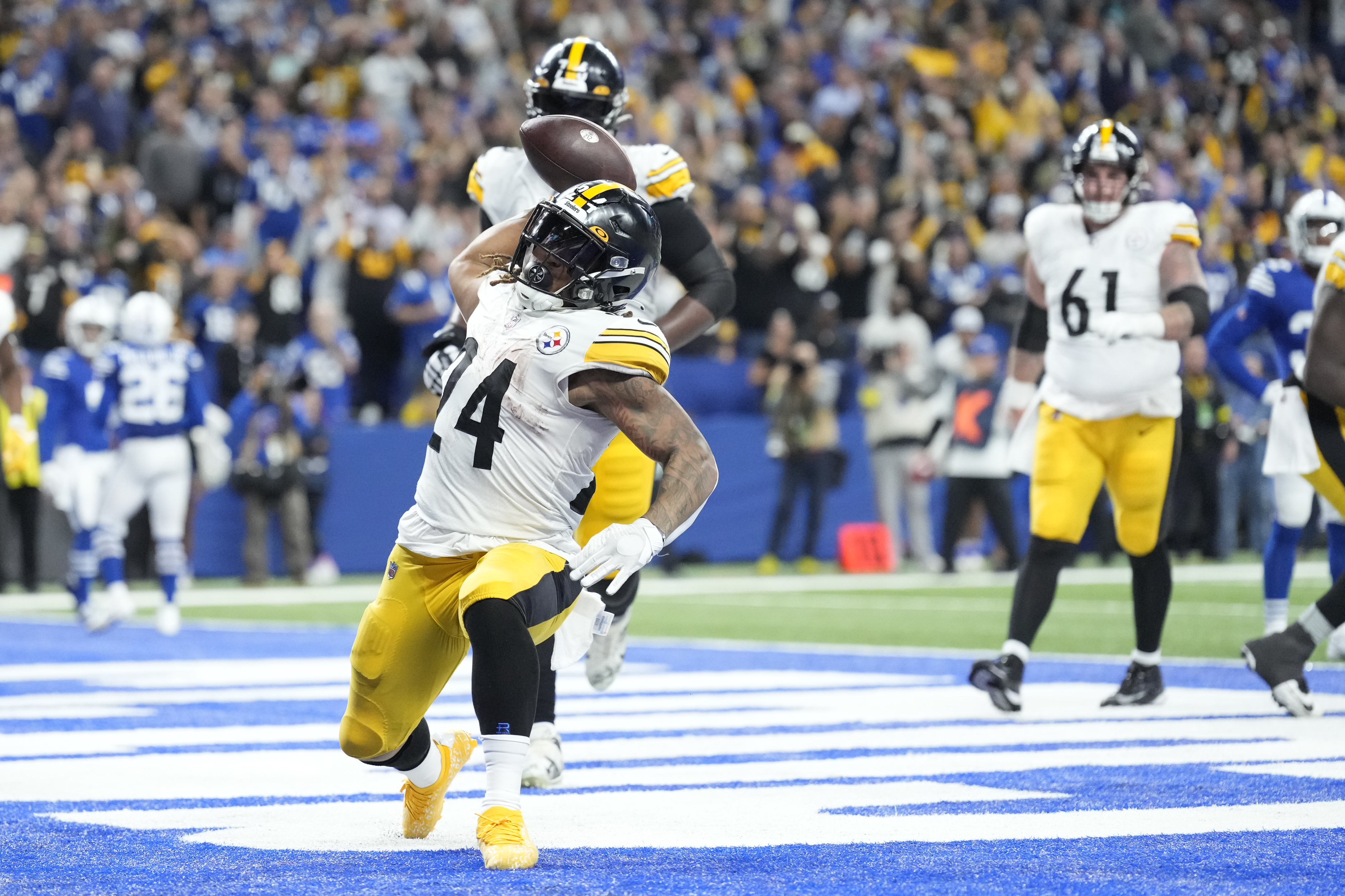 Pittsburgh Steelers running back Benny Snell Jr. (24) celebrates a touchdown run during the second half of an NFL football game against the Indianapolis Colts, Monday, Nov. 28, 2022, in Indianapolis. 