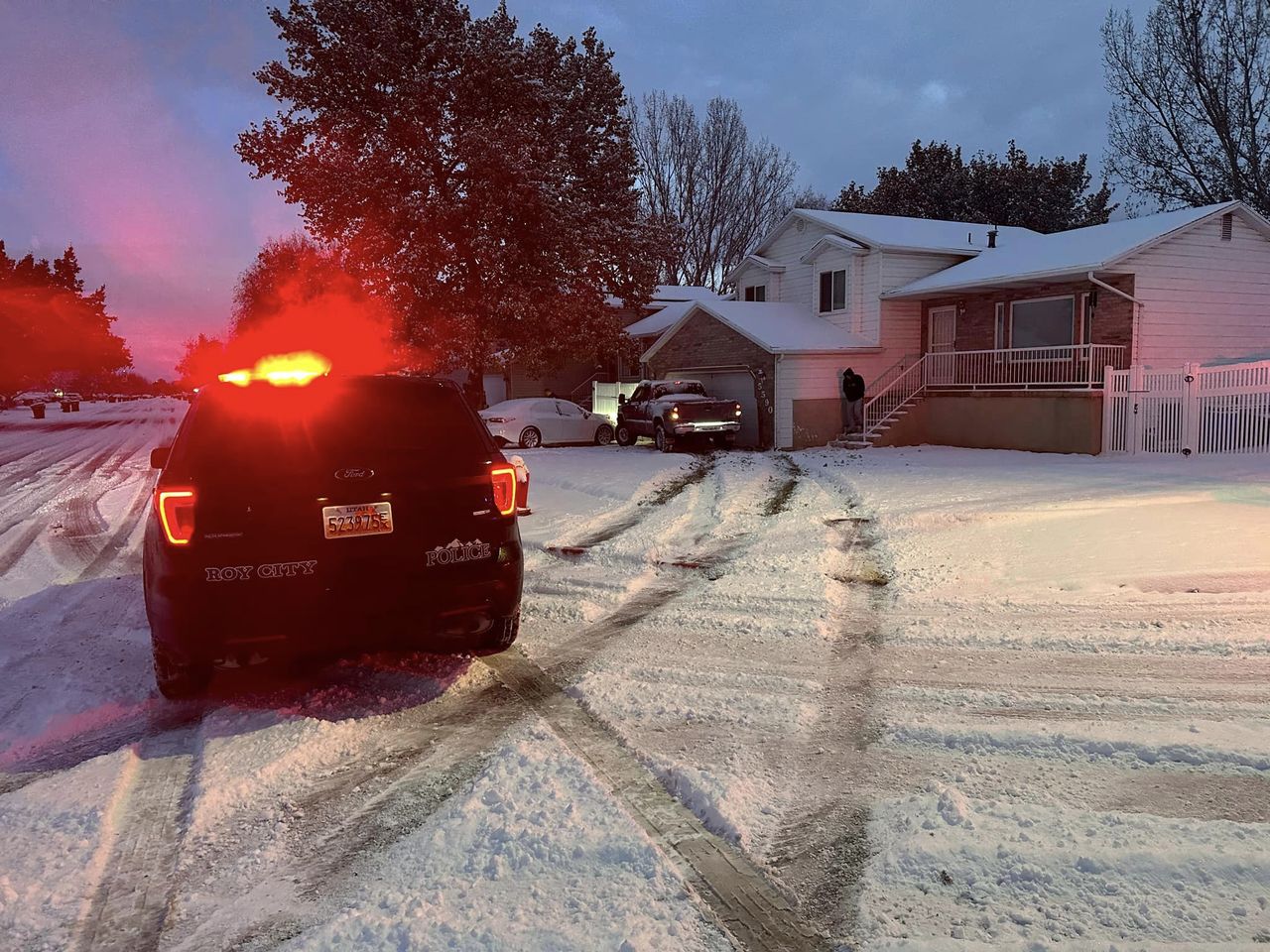 A single-vehicle crash in the area of 5600 S. 3400 West in Roy on Tuesday. Police urged motorists to slow down in slick conditions.