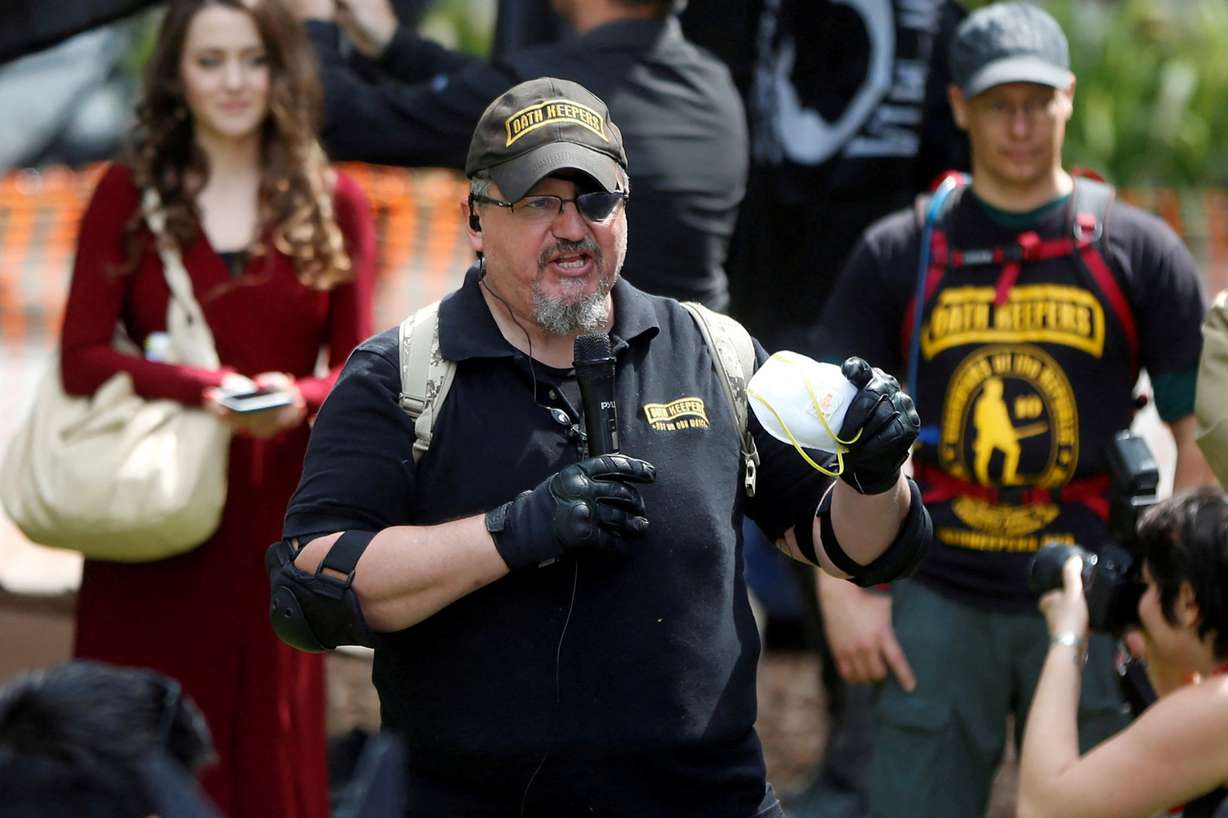 Oath Keepers founder Stewart Rhodes speaks during the Patriots Day Free Speech Rally in Berkeley, California, April 15, 2017. Rhodes was found guilty on Tuesday of seditious conspiracy for last year's attack on the U.S. Capitol.