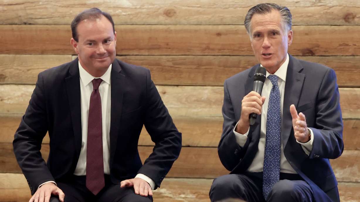 Sen. Mike Lee, R-Utah, left, and Sen. Mitt Romney, R-Utah, right, speak during a South Valley Chamber of Commerce meeting at Salt Mine Productive in Sandy on Aug. 18. The U.S. Senate voted 61-36 to pass the Respect for Marriage Act Tuesday.