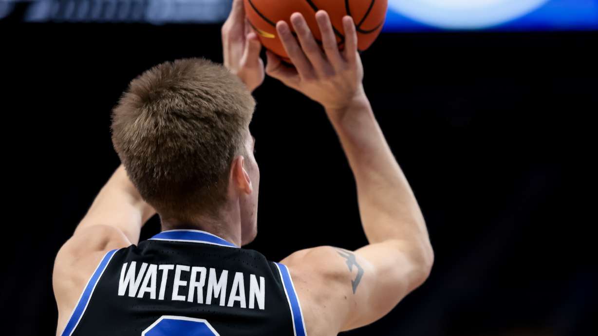 BYU Cougars forward Noah Waterman (0) shoots during the game against the Westminster Griffins at Vivint Arena in Salt Lake City on Tuesday, Nov. 29, 2022.