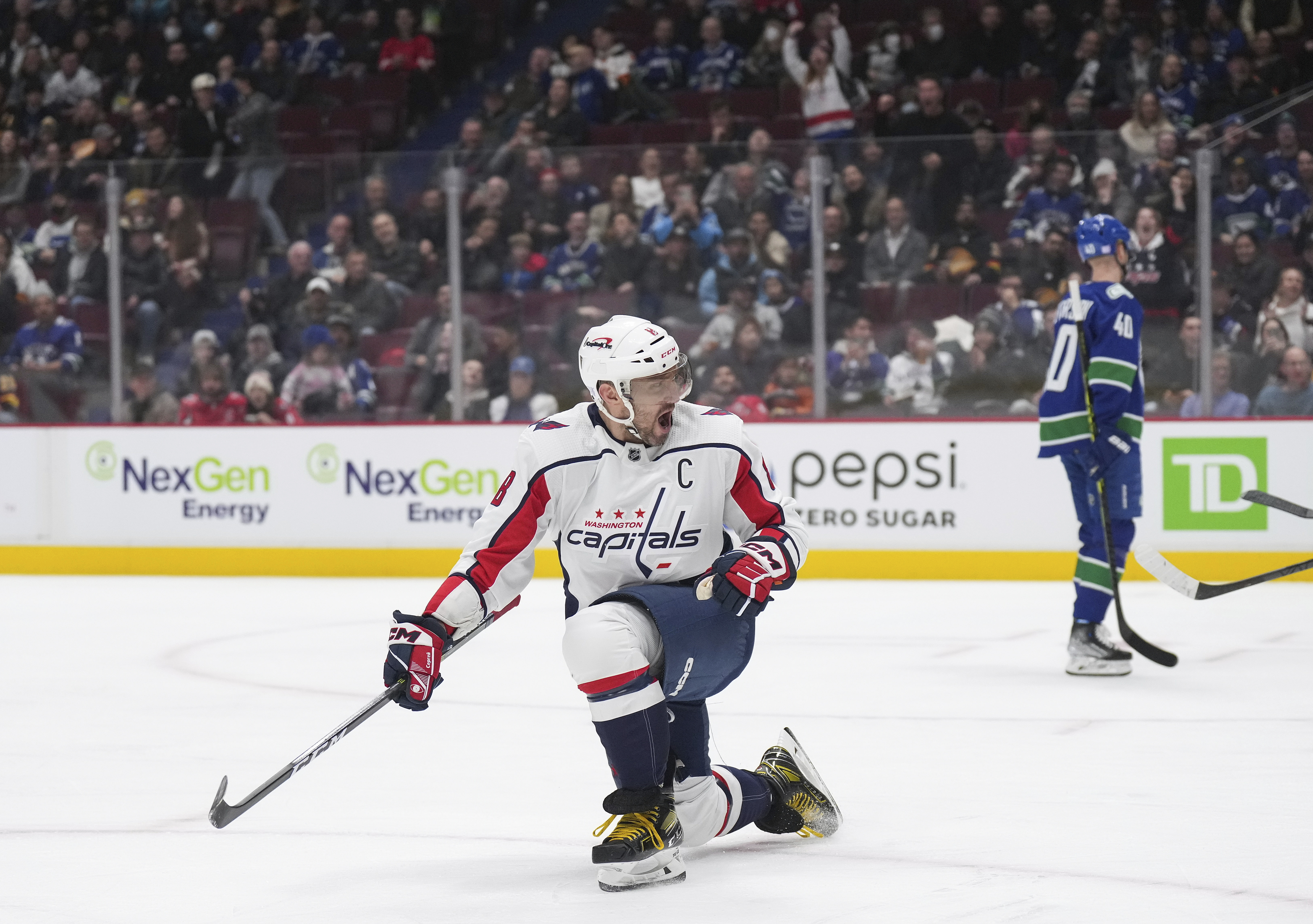 Washington Capitals' Alex Ovechkin celebrates a goal against the Vancouver Canucks during the first period of an NHL hockey game Tuesday, Nov. 29, 2022, in Vancouver, British Columbia. 