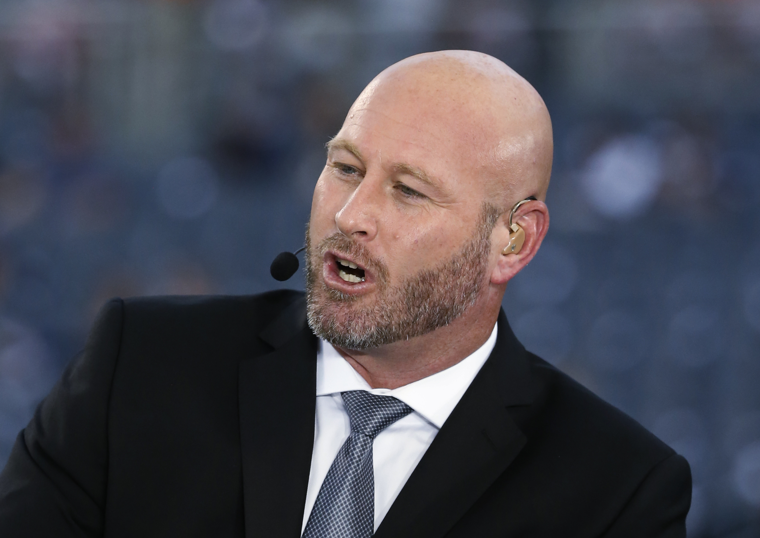 FILE - Trent Dilfer talks during ESPN's Monday Night Countdown before an NFL football game between the Chicago Bears and the Philadelphia Eagles, Sept. 19, 2016, in Chicago. Dilfer, who has been coaching a high school team in Tennessee for the last four years, is the leading candidate to become the new coach at UAB, a person with knowledge of the search told The Associated Press on Tuesday night, Nov. 29, 2022. 
