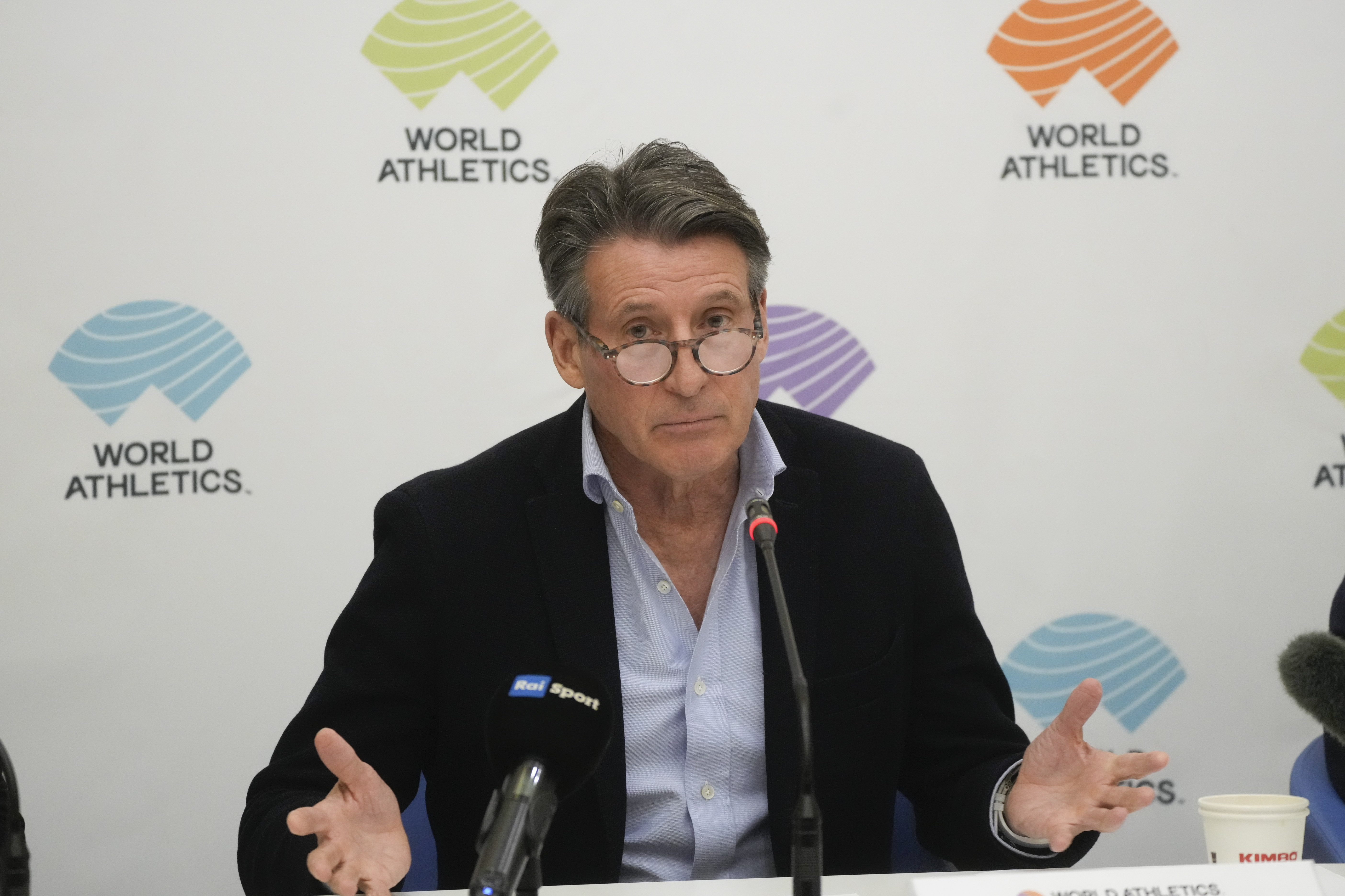 World Athletics President Sebastian Coe holds a press conference at the conclusion of the World Athletics meeting at the Italian National Olympic Committee, headquarters, in Rome, Wednesday, Nov. 30, 2022. 