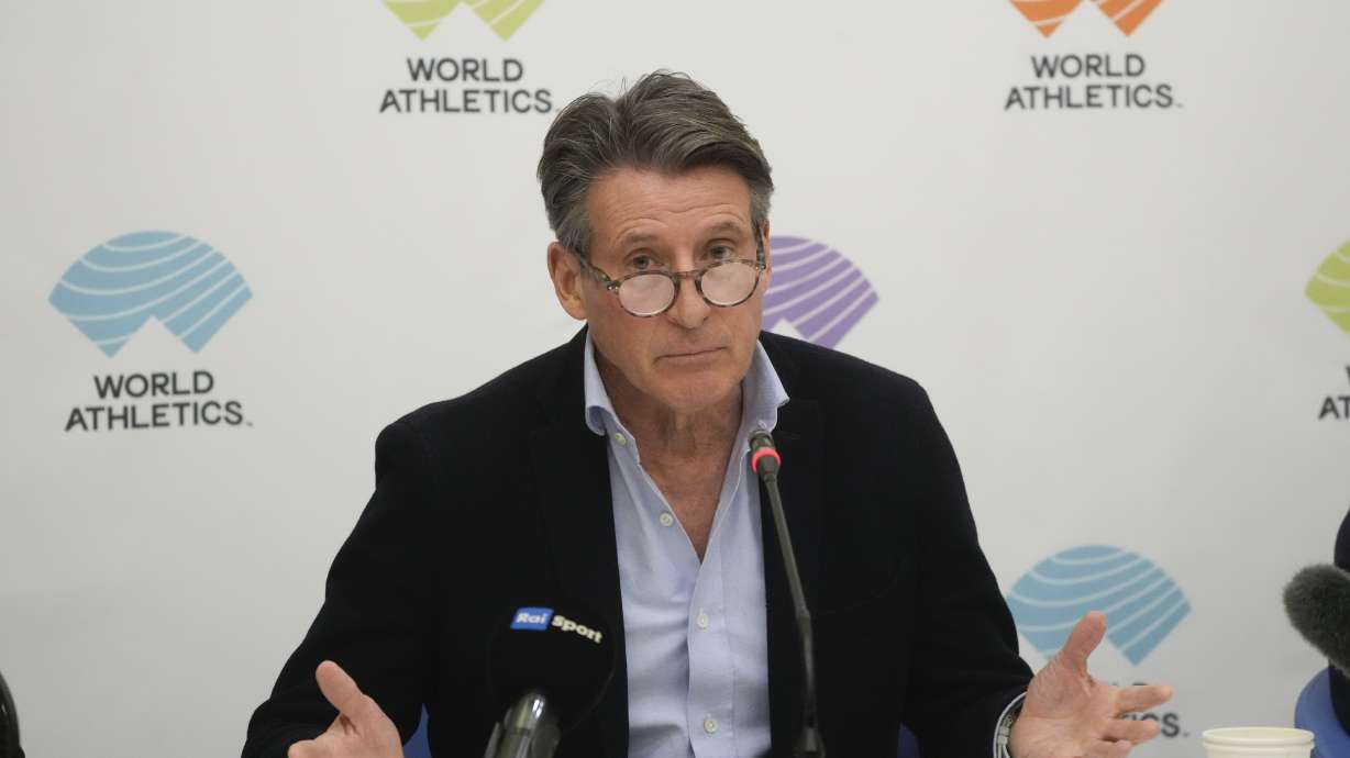 World Athletics President Sebastian Coe holds a press conference at the conclusion of the World Athletics meeting at the Italian National Olympic Committee, headquarters, in Rome, Wednesday, Nov. 30, 2022.