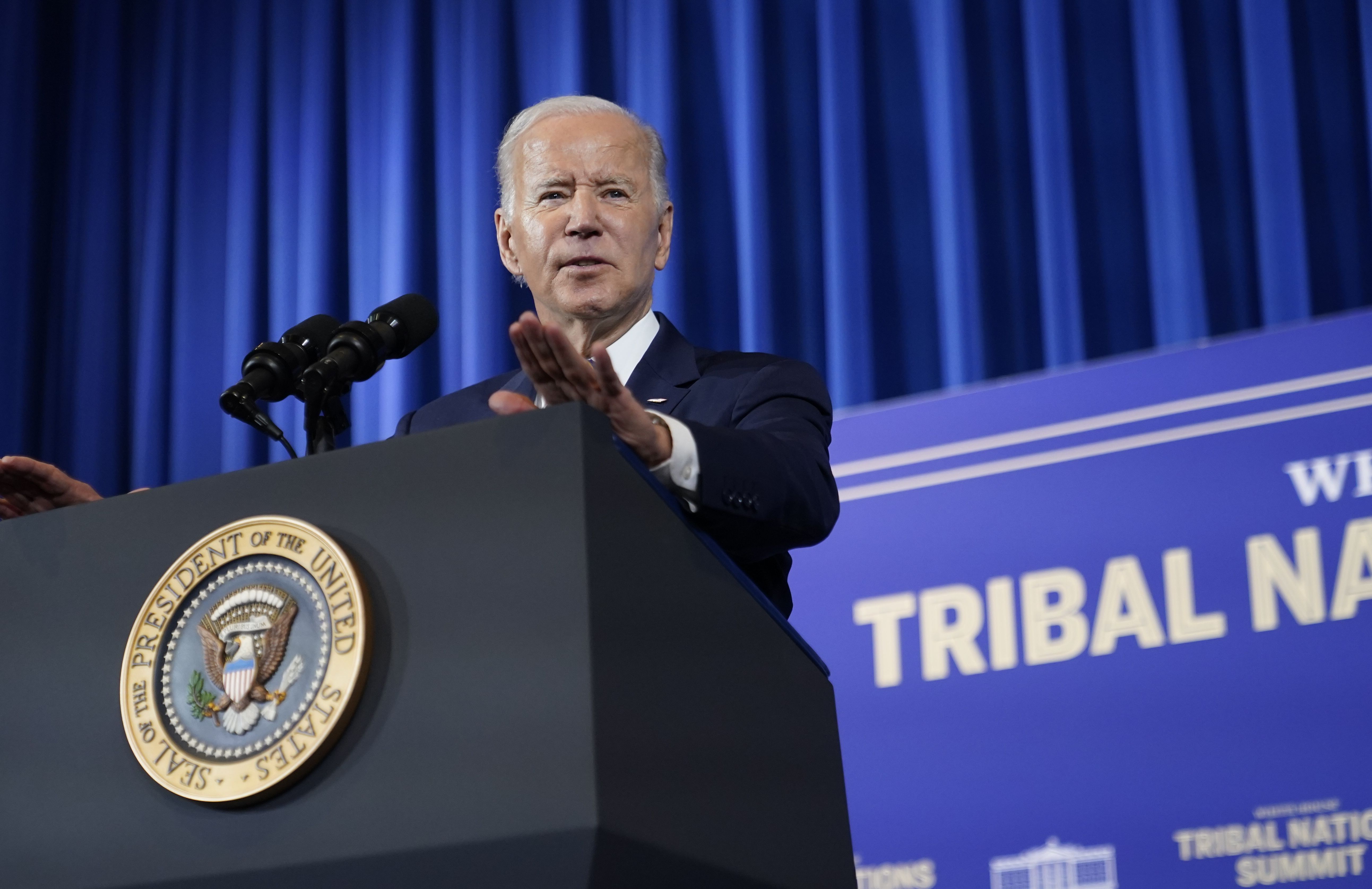 President Joe Biden speaks at the White House Tribal Nations Summit at the Department of the Interior in Washington on Wednesday. 