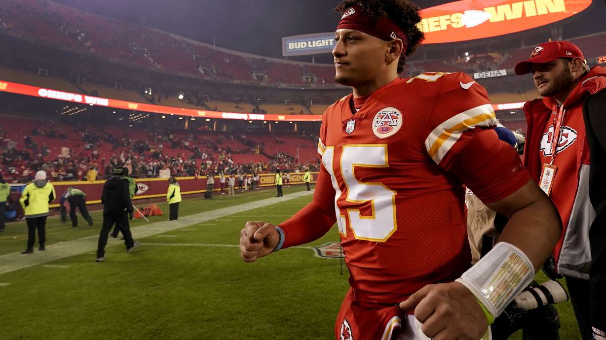Kansas City Chiefs quarterback Patrick Mahomes runs off the field after an NFL football game against the Los Angeles Rams Sunday, Nov. 27, 2022, in Kansas City, Mo. Kansas City won 26-10.
