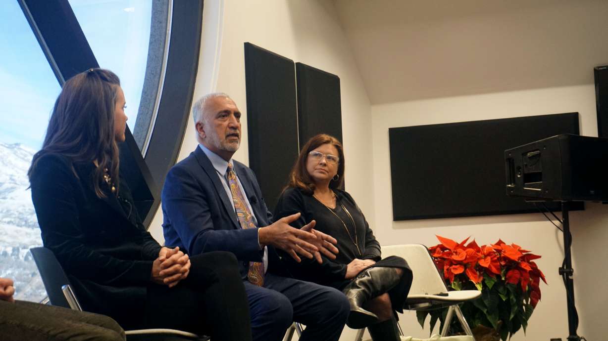Salt Lake County District Attorney Sim Gill discusses a research trip to Florida and future plans in addressing homelessness on Wednesday, as Salt Lake City Mayor Erin Mendenhall, left, and Salt Lake County Deputy Mayor Erin Litvack listen.