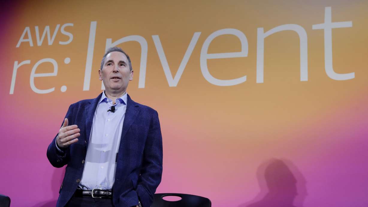 FILE - AWS CEO Andy Jassy discusses a new initiative with the NFL during AWS re:Invent 2019 in Las Vegas, on Dec. 5, 2019. Amazon CEO Jassy said Wednesday, Nov. 30, 2022, that the company does not have plans to stop selling the antisemitic film that gained notoriety recently after Brooklyn Nets guard Kyrie Irving tweeted out an Amazon link to it.