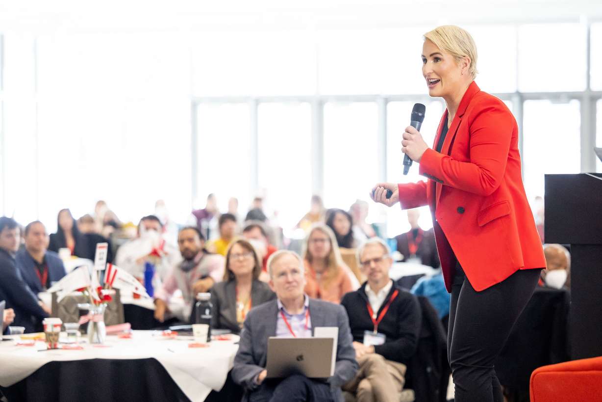 Bridget Burns, CEO of University Innovation Alliance, speaks at the Student Success Summit at the University of Utah in Salt Lake City on Wednesday.