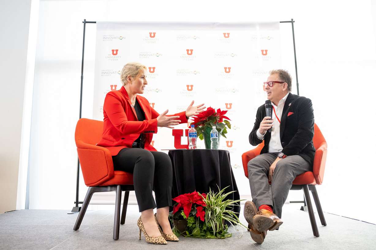 Bridget Burns, CEO of University Innovation Alliance, left, and University of Utah President Taylor Randall sit together for a fireside chat at the Student Success Summit on the university’s campus in Salt Lake City on Wednesday.