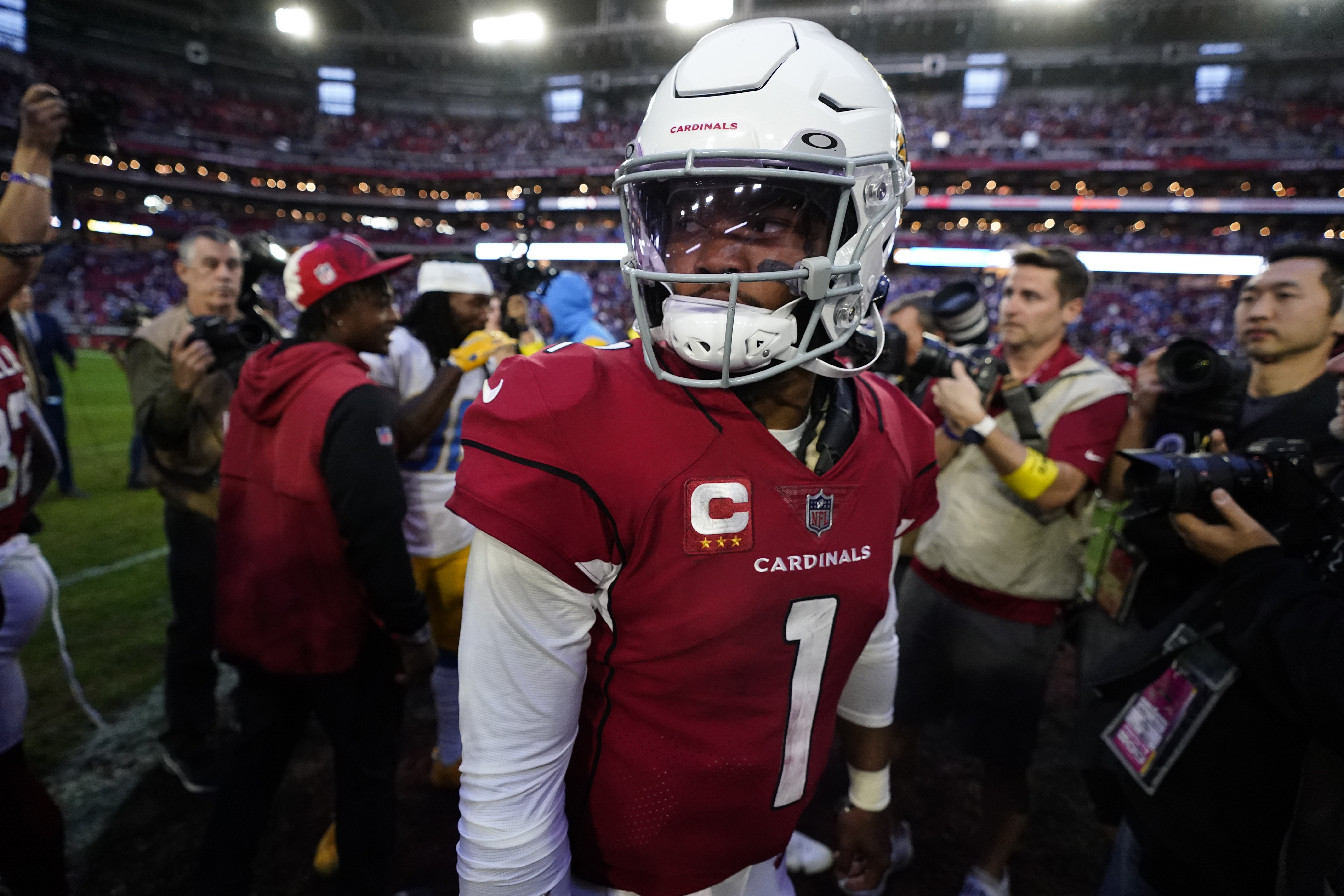 Arizona Cardinals quarterback Kyler Murray (1) walks off the field after an NFL football game against the Los Angeles Chargers, Sunday, Nov. 27, 2022, in Glendale, Ariz. The Chargers defeated the Cardinals 25-24. 