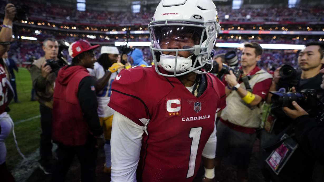 Arizona Cardinals quarterback Kyler Murray (1) walks off the field after an NFL football game against the Los Angeles Chargers, Sunday, Nov. 27, 2022, in Glendale, Ariz. The Chargers defeated the Cardinals 25-24.