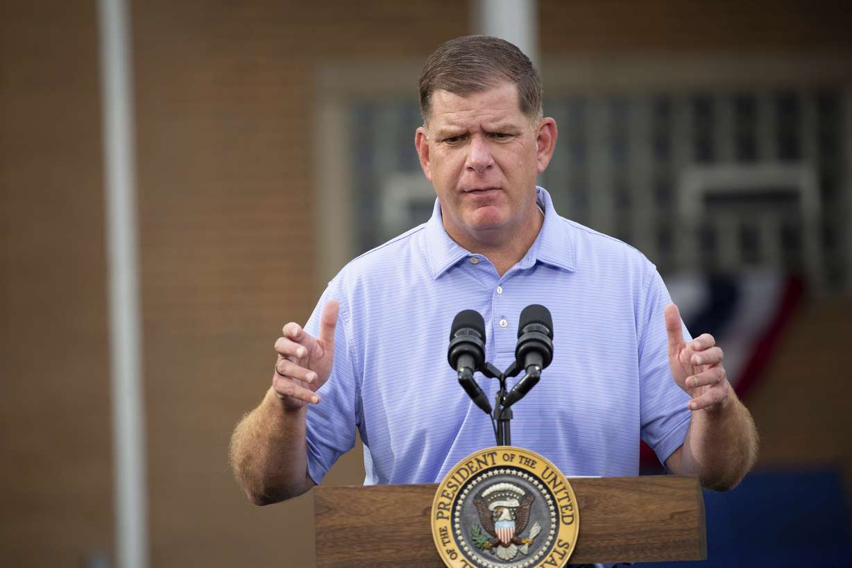 Secretary of Labor Marty Walsh speaks before President Joe Biden at a United Steel Workers of America Labor Day event in West Mifflin, Pa., just outside Pittsburgh, Sept. 5. The Biden administration is saying the U.S. economy would face a severe economic shock if senators don't pass legislation this week to avert a rail worker strike.