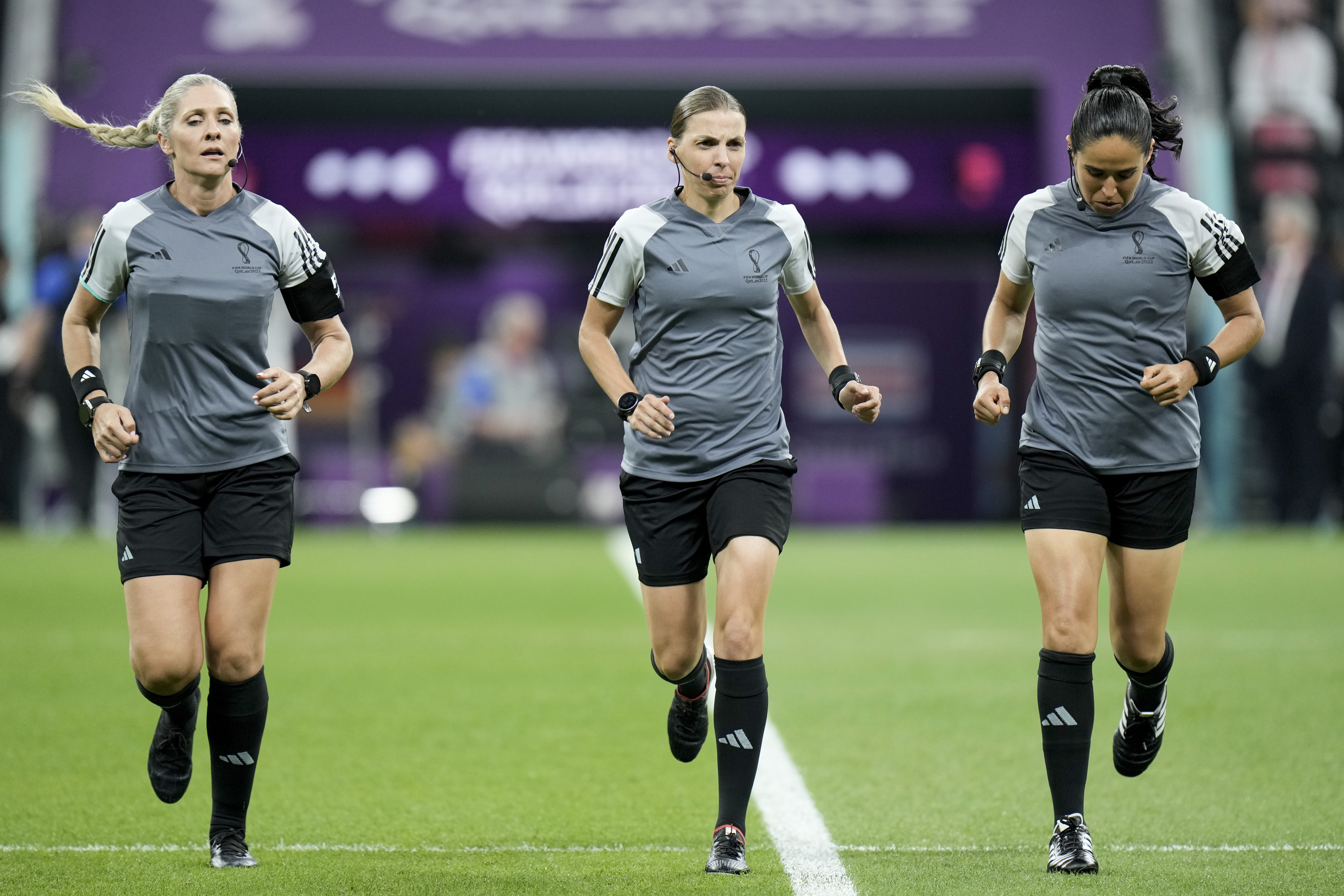Referee Stephanie Frappart, center, assistants referee Neuza Back, left, and Karen Diaz warm up prior to the World Cup group E soccer match between Costa Rica and Germany at the Al Bayt Stadium in Al Khor , Qatar, Thursday, Dec. 1, 2022. 