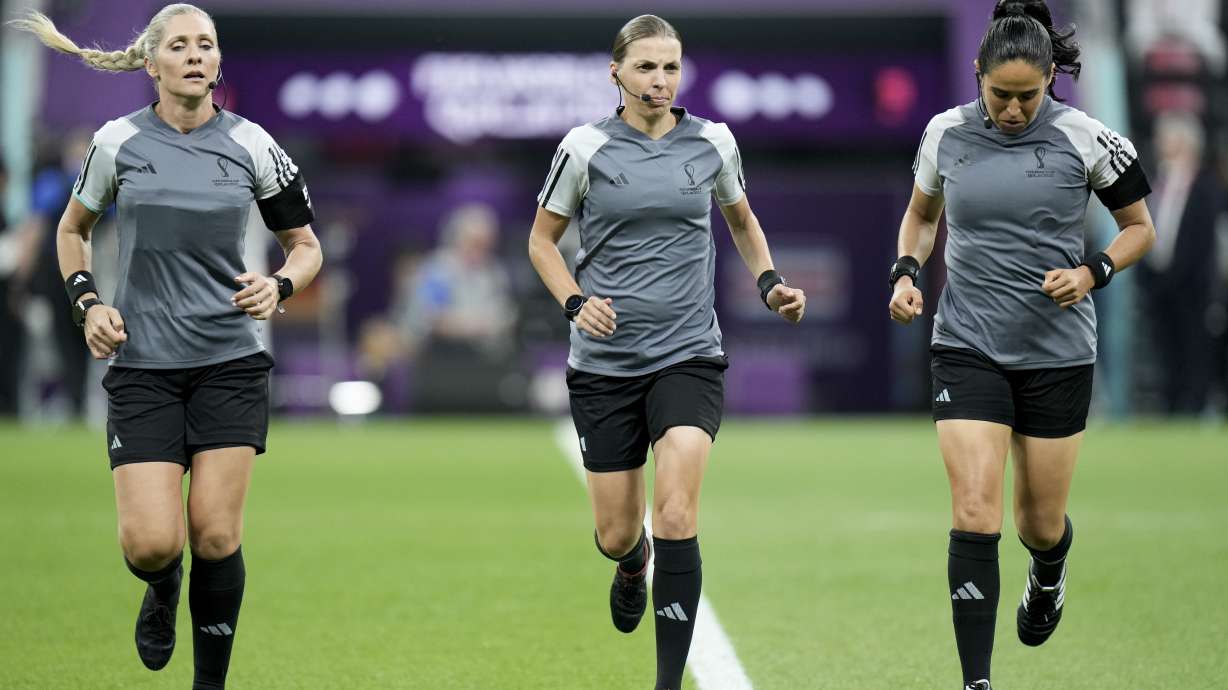 Referee Stephanie Frappart, center, assistants referee Neuza Back, left, and Karen Diaz warm up prior to the World Cup group E soccer match between Costa Rica and Germany at the Al Bayt Stadium in Al Khor , Qatar, Thursday, Dec. 1, 2022.