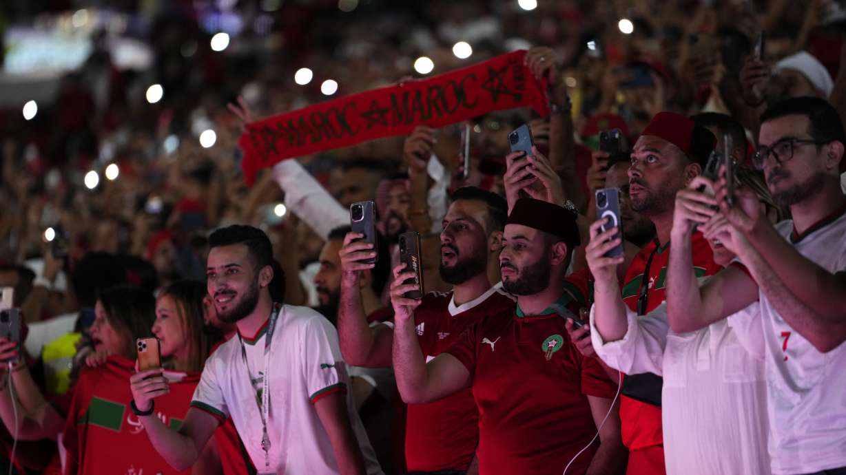 Morocco fans attend the World Cup group F soccer match between Canada and Morocco at the Al Thumama Stadium in Doha , Qatar, Thursday, Dec. 1, 2022.