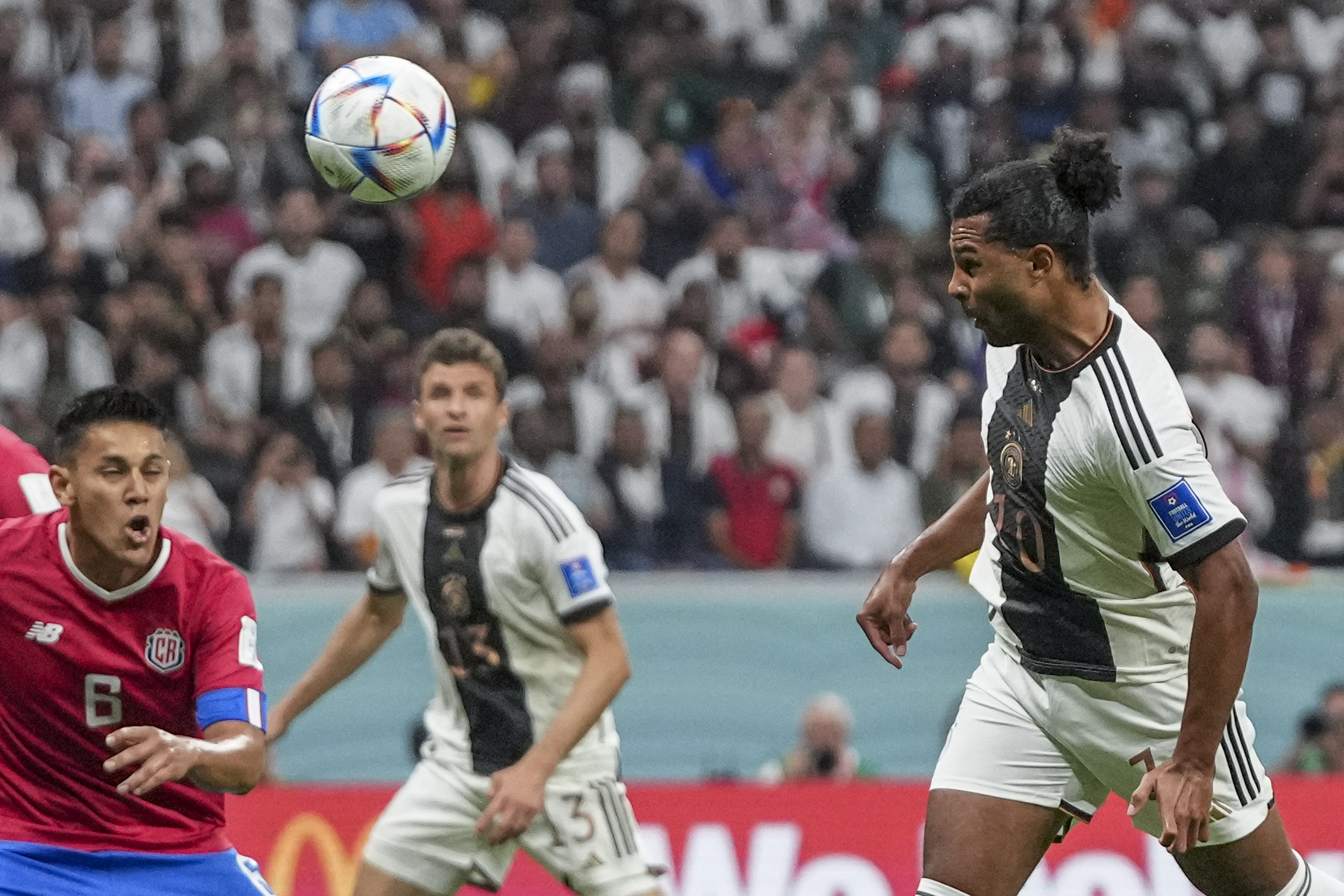 Germany's Serge Gnabry scores his side's opening goal during the World Cup group E soccer match between Costa Rica and Germany at the Al Bayt Stadium in Al Khor, Qatar, Thursday, Dec. 1, 2022. 