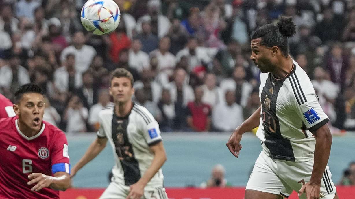 Germany's Serge Gnabry scores his side's opening goal during the World Cup group E soccer match between Costa Rica and Germany at the Al Bayt Stadium in Al Khor, Qatar, Thursday, Dec. 1, 2022.