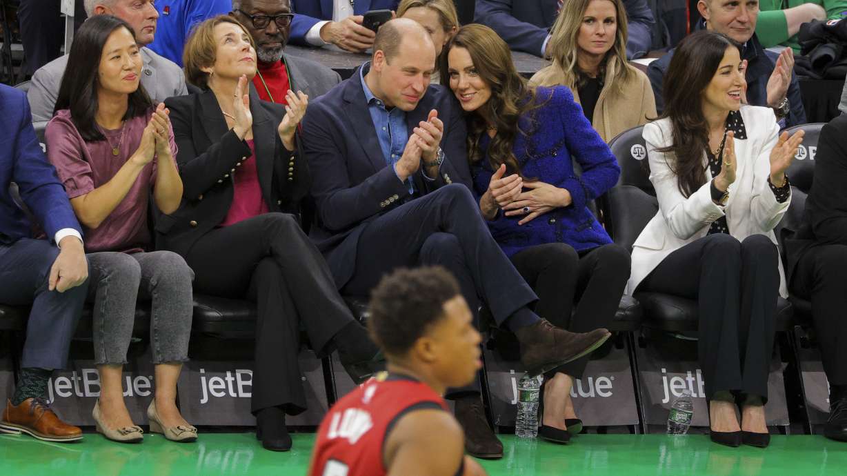 Mayor of Boston Michelle Wu, Governor-elect Maura Healey, Britain's Prince William, Catherine, Princess of Wales and Emilia Fazzalari, wife of Celtics owner Wyc Grousbeck, attend the Wednesday night National Basketball Association game between the seventeen-time World Champion Boston Celtics and the Miami Heat at TD Garden in downtown Boston on Wednesday.