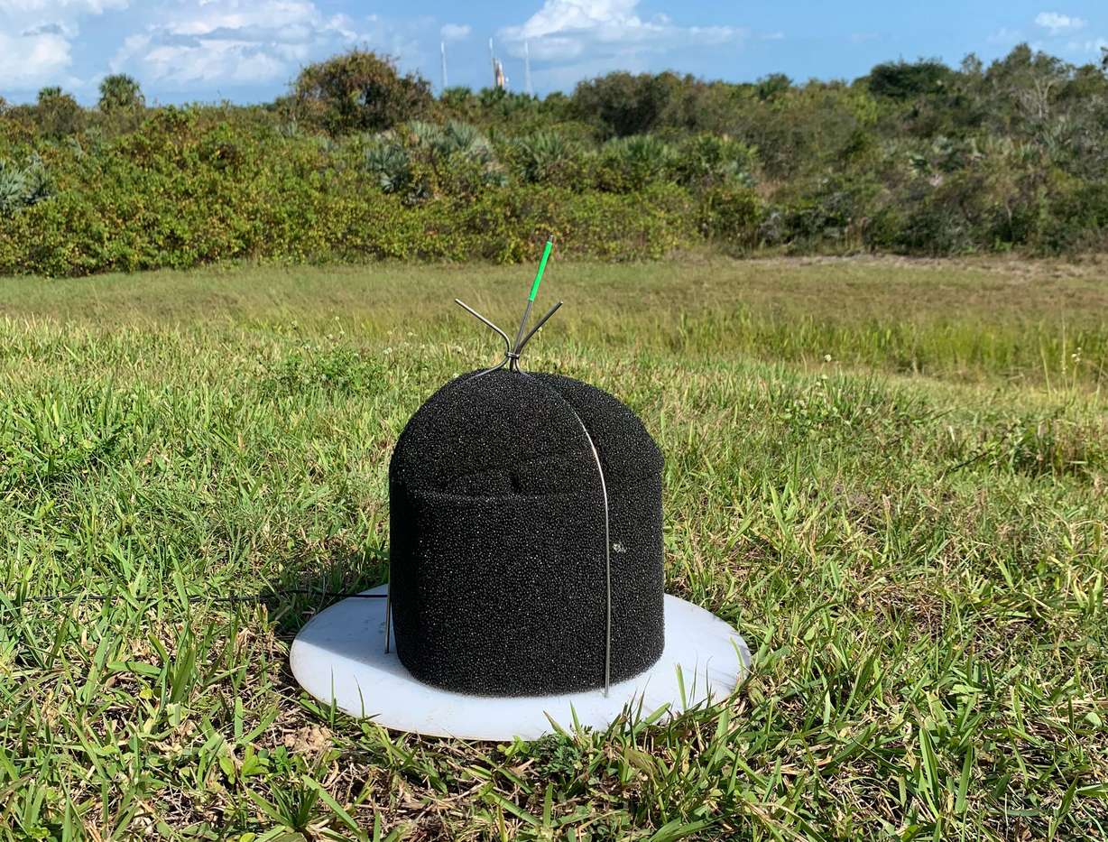 Closeup of one of the microphones used by a BYU research team to capture high-fidelity audio recordings of the Nov. 16 launch of the Artemis I mission from Kennedy Space Center in Cape Canaveral, Fla.