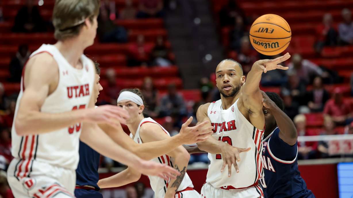 Utah Utes guard Marco Anthony (10) passes during the game against the Arizona Wildcats at the Huntsman Center in Salt Lake City on Thursday, Dec. 1, 2022.