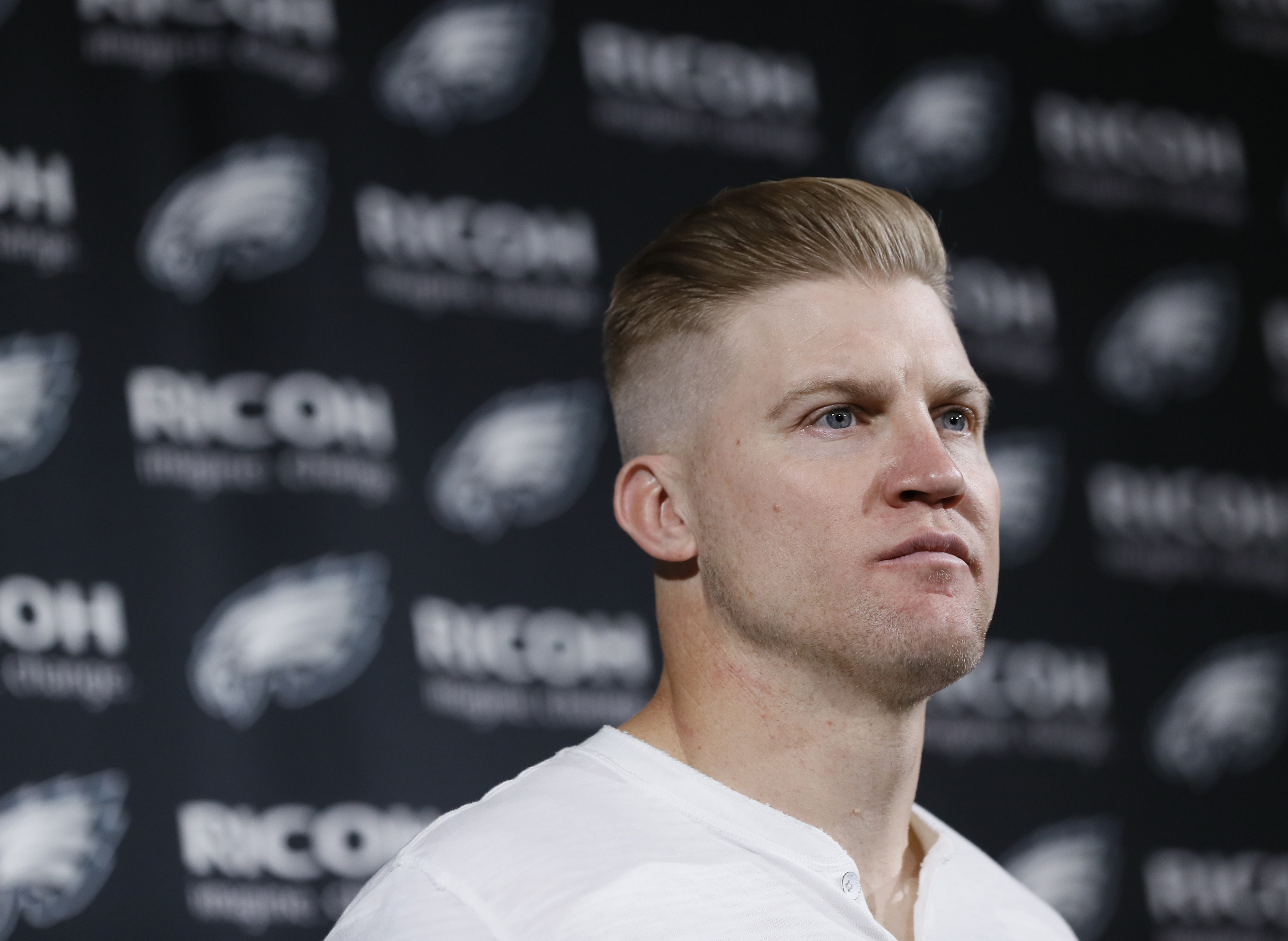FILE - Philadelphia Eagles' Josh McCown speaks during a news conference after an NFL wild-card playoff football game against the Seattle Seahawks, Jan. 5, 2020, in Philadelphia. McCown played quarterback for 12 teams across nearly two decades in the NFL, and learned a different offense almost every season. He looks forward to sharing his knowledge and experience as a coach. 