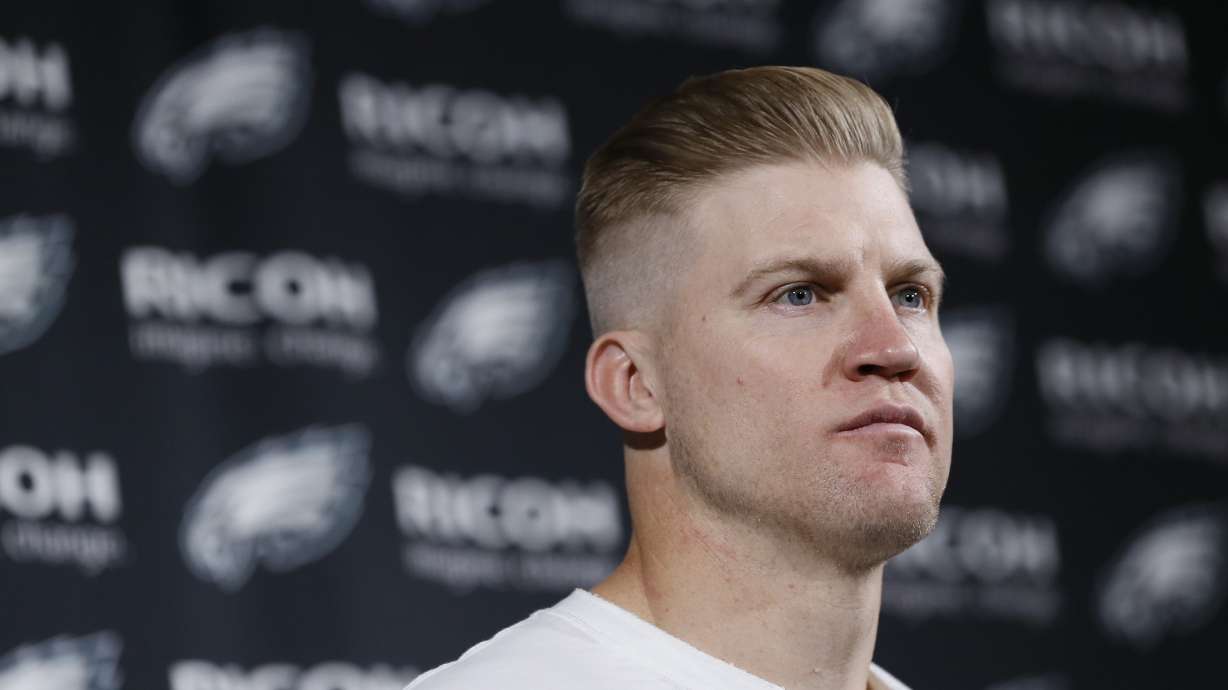 FILE - Philadelphia Eagles' Josh McCown speaks during a news conference after an NFL wild-card playoff football game against the Seattle Seahawks, Jan. 5, 2020, in Philadelphia. McCown played quarterback for 12 teams across nearly two decades in the NFL, and learned a different offense almost every season. He looks forward to sharing his knowledge and experience as a coach.