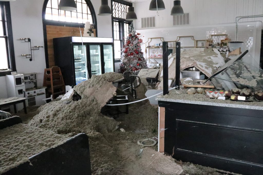 Damage to Palette Bakery & Ice Cream Parlor caused by a ceiling collapse on Wednesday in Cedar City.