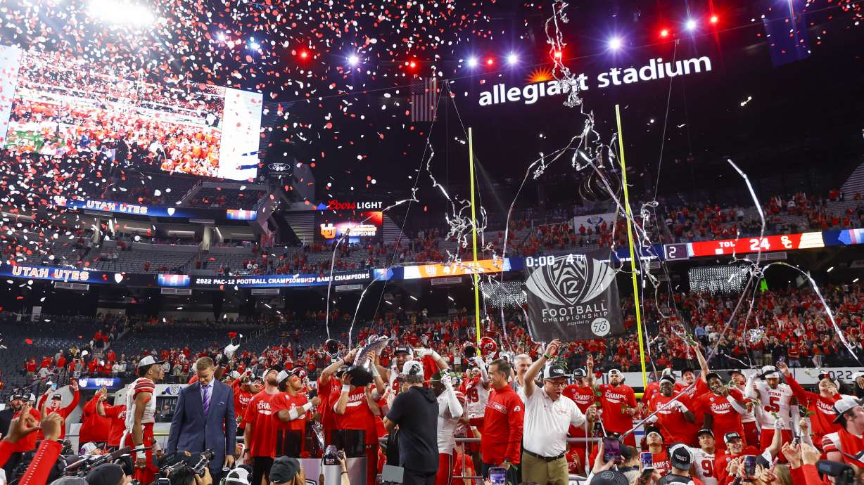 Utah Utes celebrate after beating the USC Trojans in the Pac-12 Championship at the Allegiant Stadium in Las Vegas on Friday, Dec. 2, 2022. The Utes won 47-24.