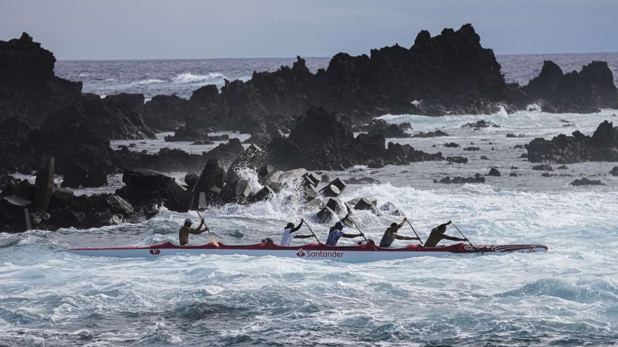 Crew members train for the Hoki Mai challenge, a voyage that covers almost 500 kilometers, or about 300 miles across a stretch of the Pacific Ocean, in Rapa Nui, a territory that is part of Chile and is better known as Easter Island, Thursday, Nov. 24, 2022. The canoe voyage of 12 crew members, nine Rapanuis, two Chileans and one Hawaiian, seeks to raise awareness about the importance of women in the world, urge protection of the environment, and celebrate the union of the islands of Polynesia.