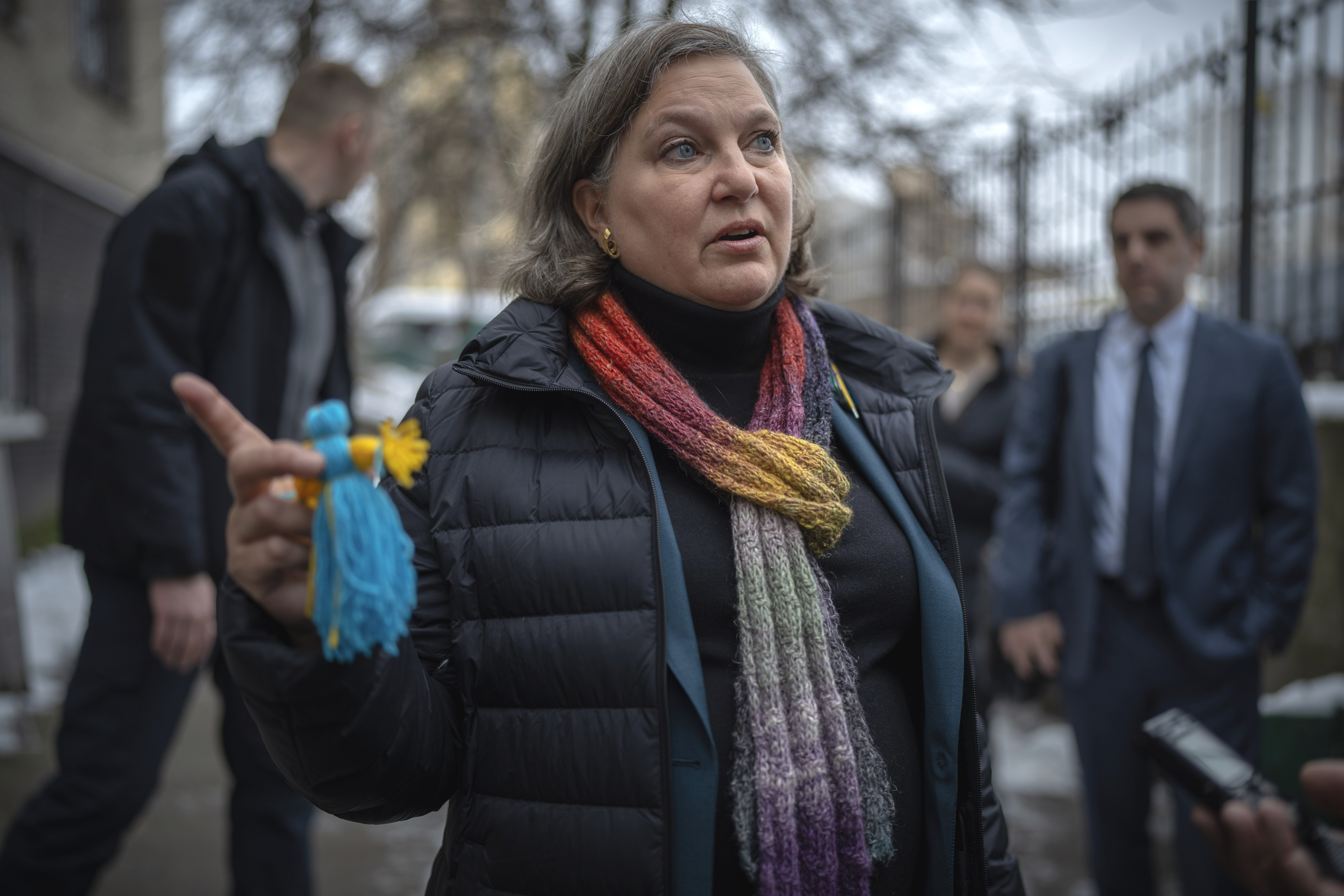 Under Secretary of State for Political Affairs Victoria Nuland holds a doll made by children who have been driven from their homes in the country's eastern and southern regions because of the war, as she talks to the media in Kyiv, Ukraine, Saturday.