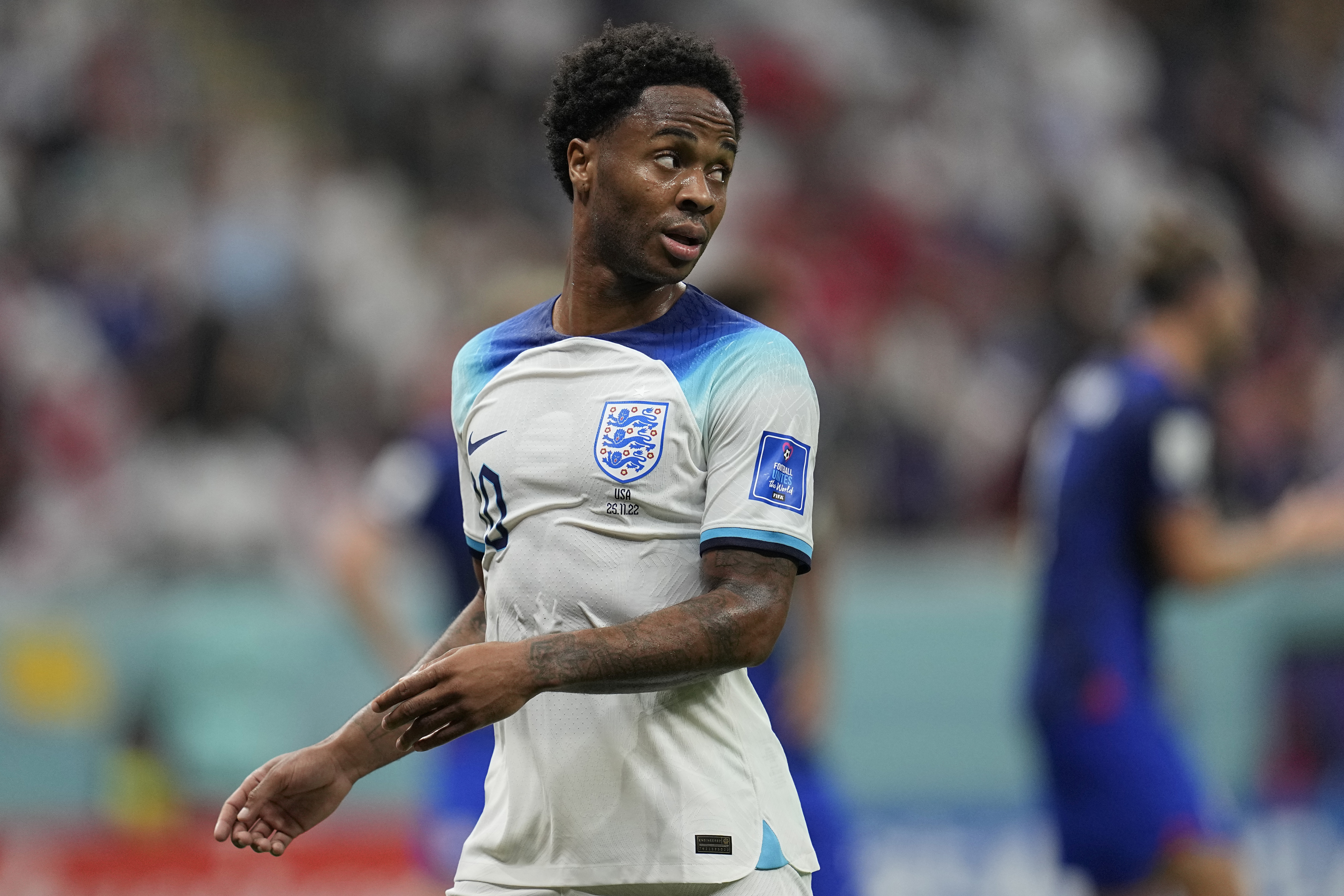 England's Raheem Sterling looks down the field during the World Cup group B soccer match between England and The United States, at the Al Bayt Stadium in Al Khor , Qatar, Friday, Nov. 25, 2022. 