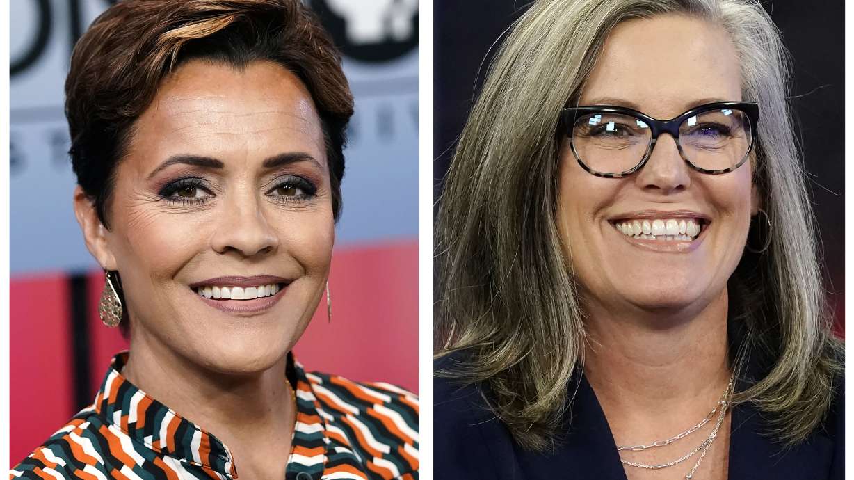 Republican Kari Lake, left, appears before a PBS televised debate on June 29 between Arizona gubernatorial candidates, in Phoenix, and Democrat Katie Hobbs smiles prior to a televised interview in Phoenix, Oct. 18.