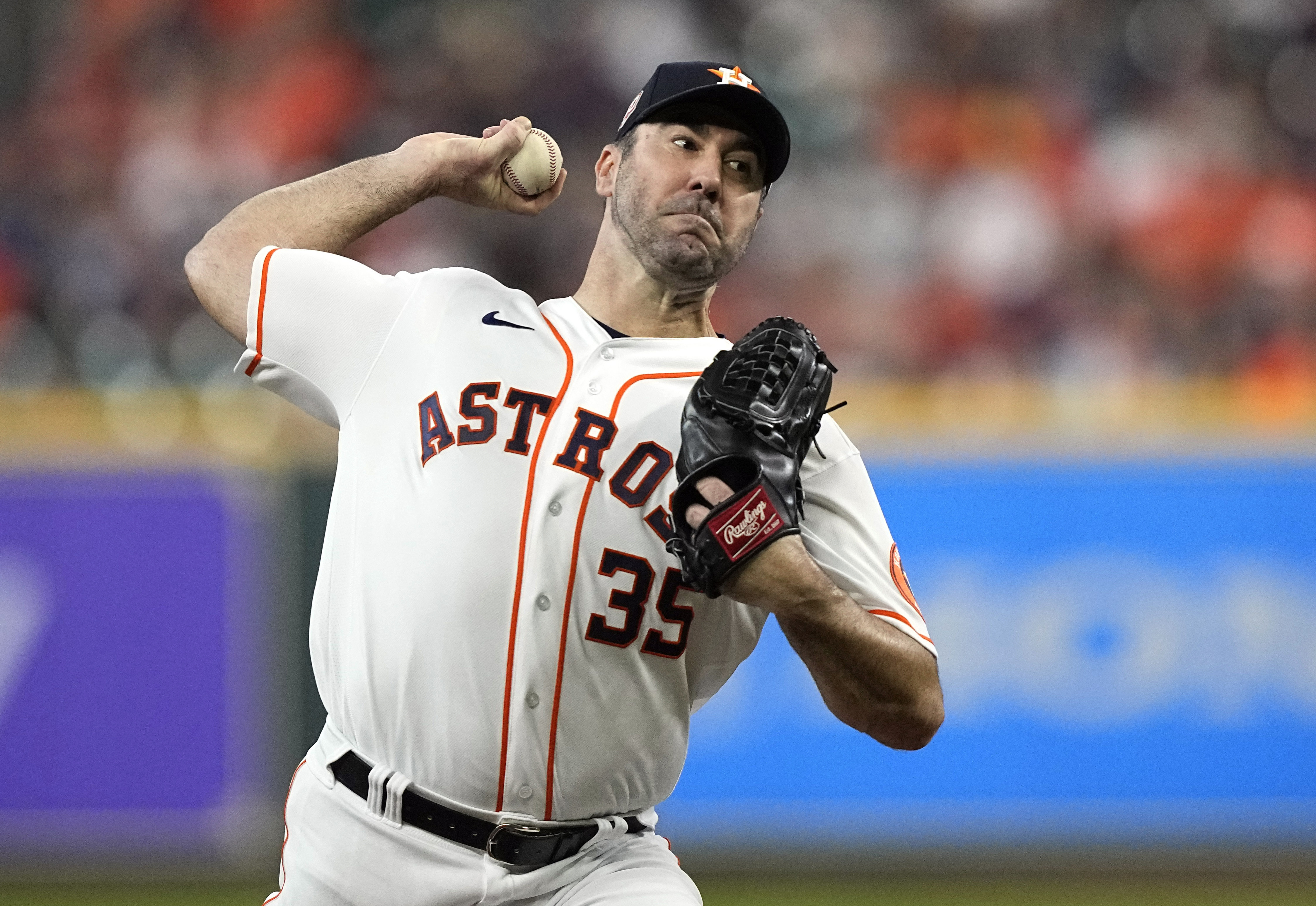 FILE - Houston Astros starting pitcher Justin Verlander throws to a Minnesota Twins batter during the first inning of a baseball game Aug. 23, 2022, in Houston. Verlander won the American League Cy Young Award on Wednesday night, Nov. 16. 