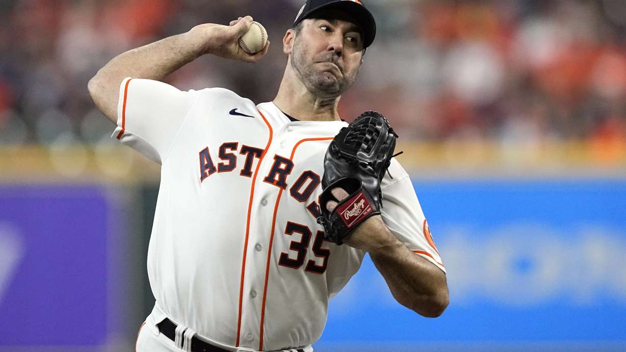 FILE - Houston Astros starting pitcher Justin Verlander throws to a Minnesota Twins batter during the first inning of a baseball game Aug. 23, 2022, in Houston. Verlander won the American League Cy Young Award on Wednesday night, Nov. 16.