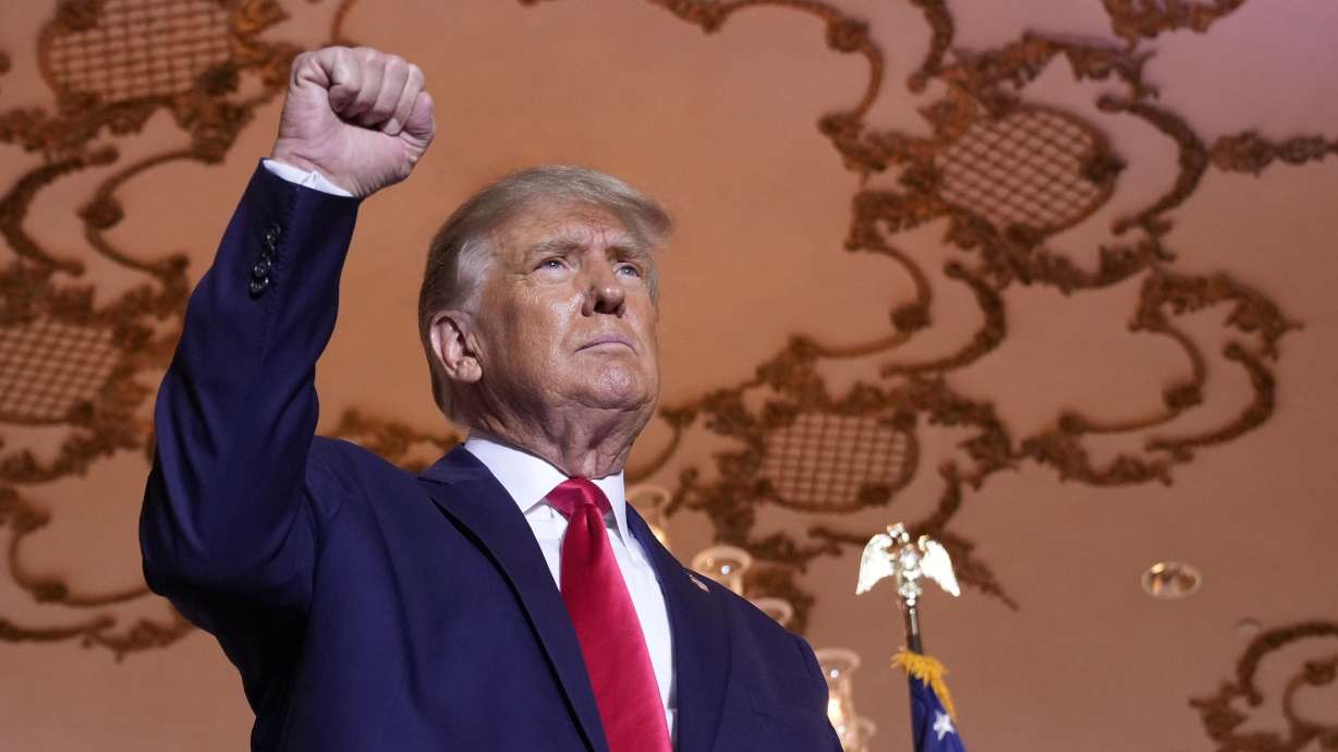 Former President Donald Trump stands on stage after announcing a third run for president at Mar-a-Lago in Palm Beach, Fla., Nov. 15. The Deseret News reached out Monday to members of Utah's all-Republican congressional delegation about former President Donald Trump suggesting the "termination" of the Constitution to overturn the 2020 election.