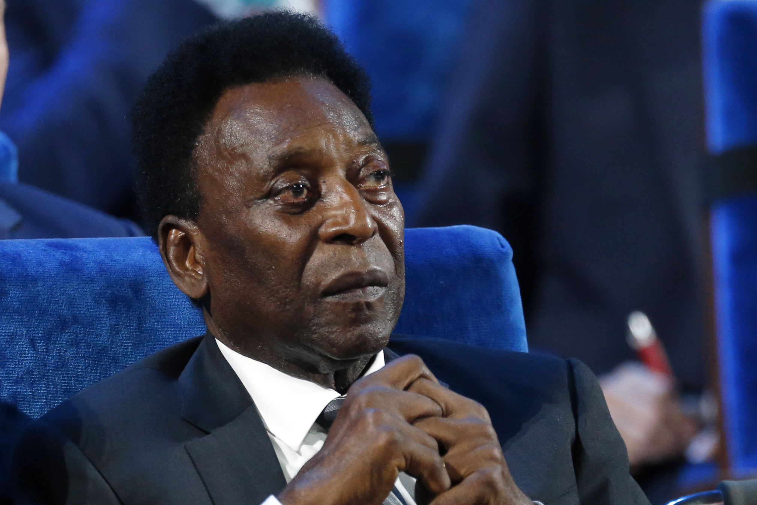 FILE - Brazilian Pele attends the 2018 soccer World Cup draw at the Kremlin in Moscow, Dec. 1, 2017. Brazilian soccer great Pelé was hospitalized in Sao Paulo to regulate the medication in his fight against a colon tumor, his daughter said on Wednesday, Nov. 30, 2022. Kely Nascimento added that there was “no emergency” concerning her 82-year-old father's health. 