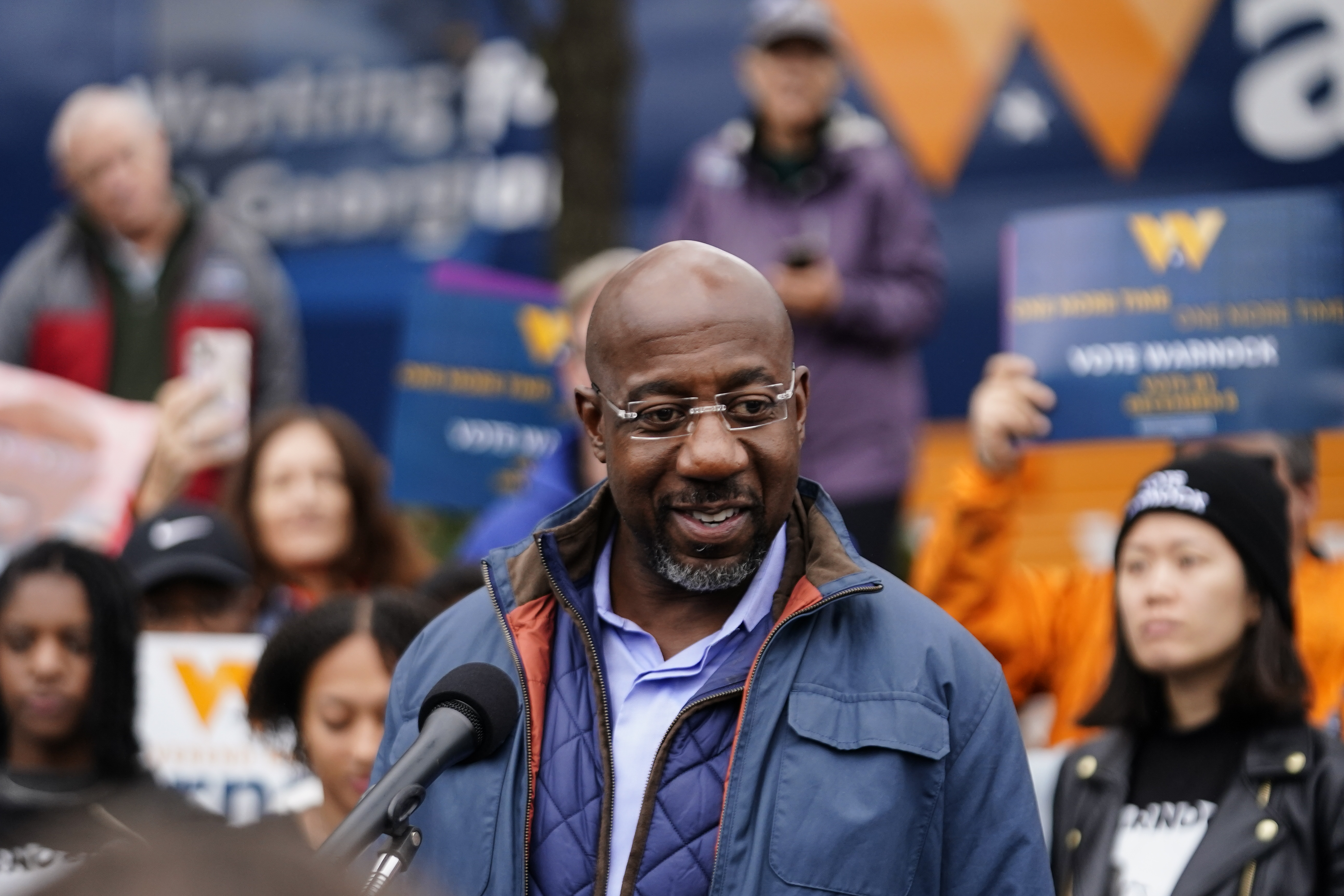 Democratic Sen. Raphael Warnock speaks during an election day canvass launch on Tuesday in Norcross, Georgia. Warnock defeated Republican challenger Herschel Walker in a runoff election.