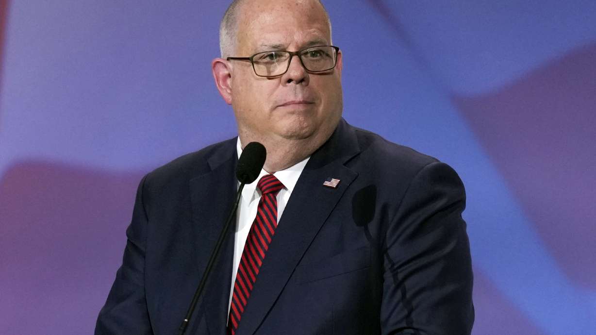 Maryland Gov. Larry Hogan speaks at an annual leadership meeting of the Republican Jewish Coalition on Nov. 18, 2022, in Las Vegas. Maryland is banning the use of TikTok and certain China and Russia-based platforms in the state’s executive branch of government, Hogan said Tuesday, Dec. 6, the latest state to address cybersecurity risks presented by the platforms.