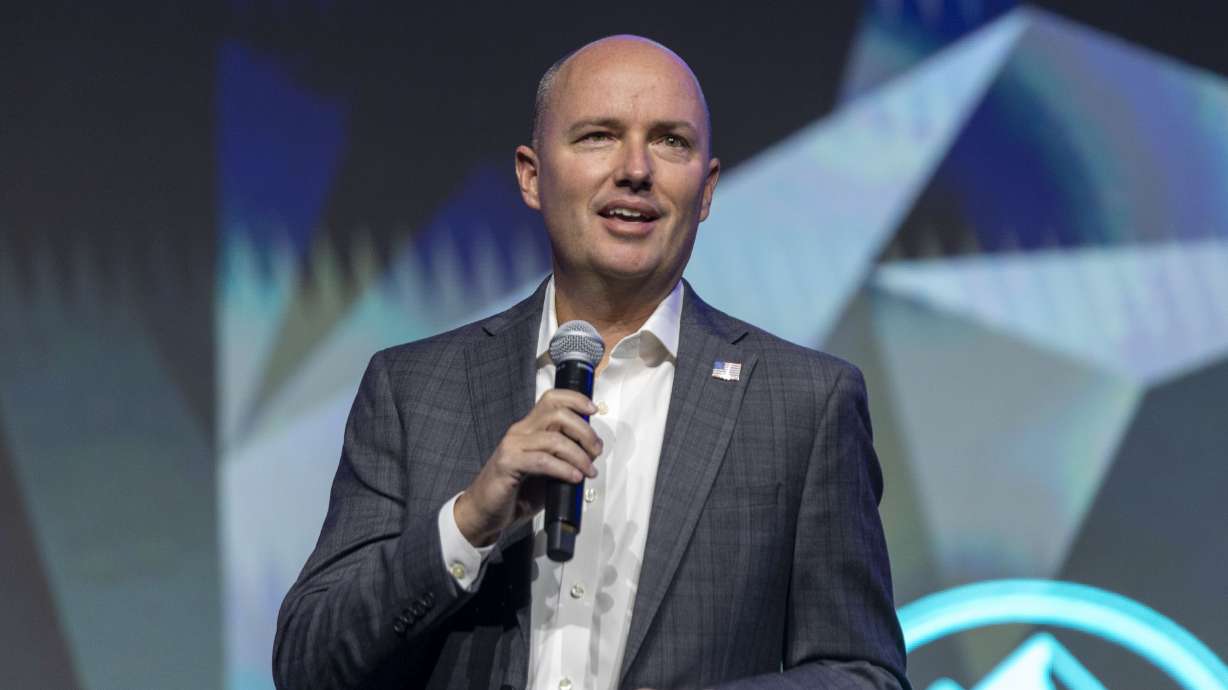 Gov. Spencer Cox speaks during the Silicon Slopes Summit at the Vivint Arena in Salt Lake City on Sept. 30. Cox finds more support among ‘moderately liberal’ voters than any other political ideology, according to the latest Deseret News/Hinkley Institute of Politics poll.