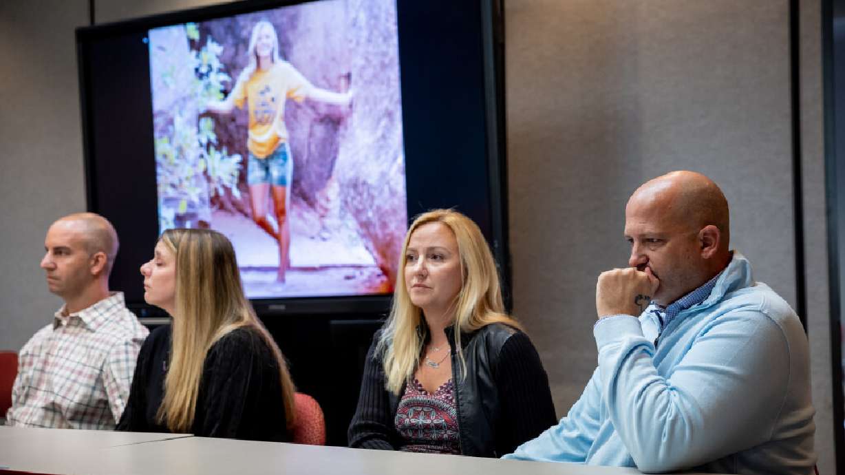 The parents of Gabby Petito, Jim and Nichole Schmidt and Tara and Joe Petito, left to right, take part in a press conference at the Utah Law and Justice Center in Salt Lake City on Nov. 3. Petito’s parents have filed a motion to add Laundrie family attorney Steven Bertolino as a defendant in an ongoing civil lawsuit against Brian Laundrie's parents, Christopher and Roberta Laundrie.