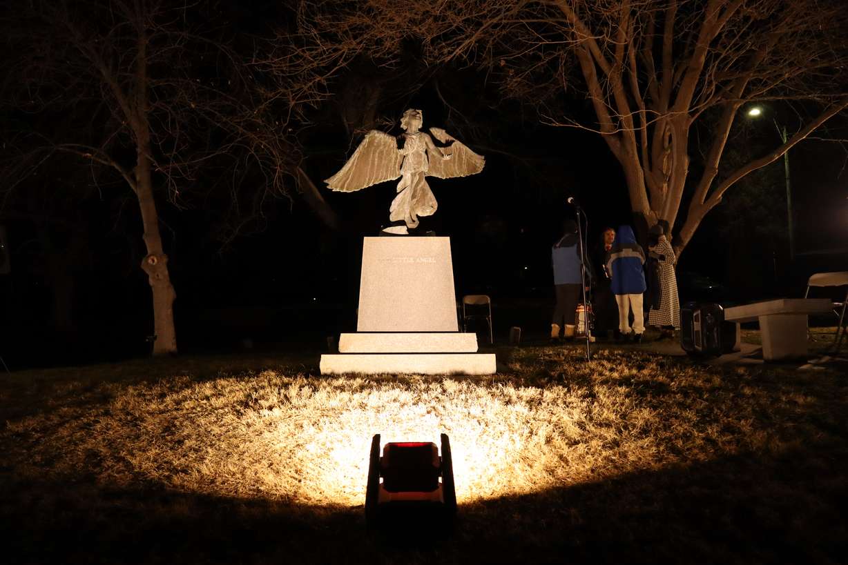 An angel statue dedicated to children who have died stands in the Salt Lake City Cemetery. A vigil was held at the statue Dec. 6, 2022, for the annual Christmas Box Angel Ceremony.